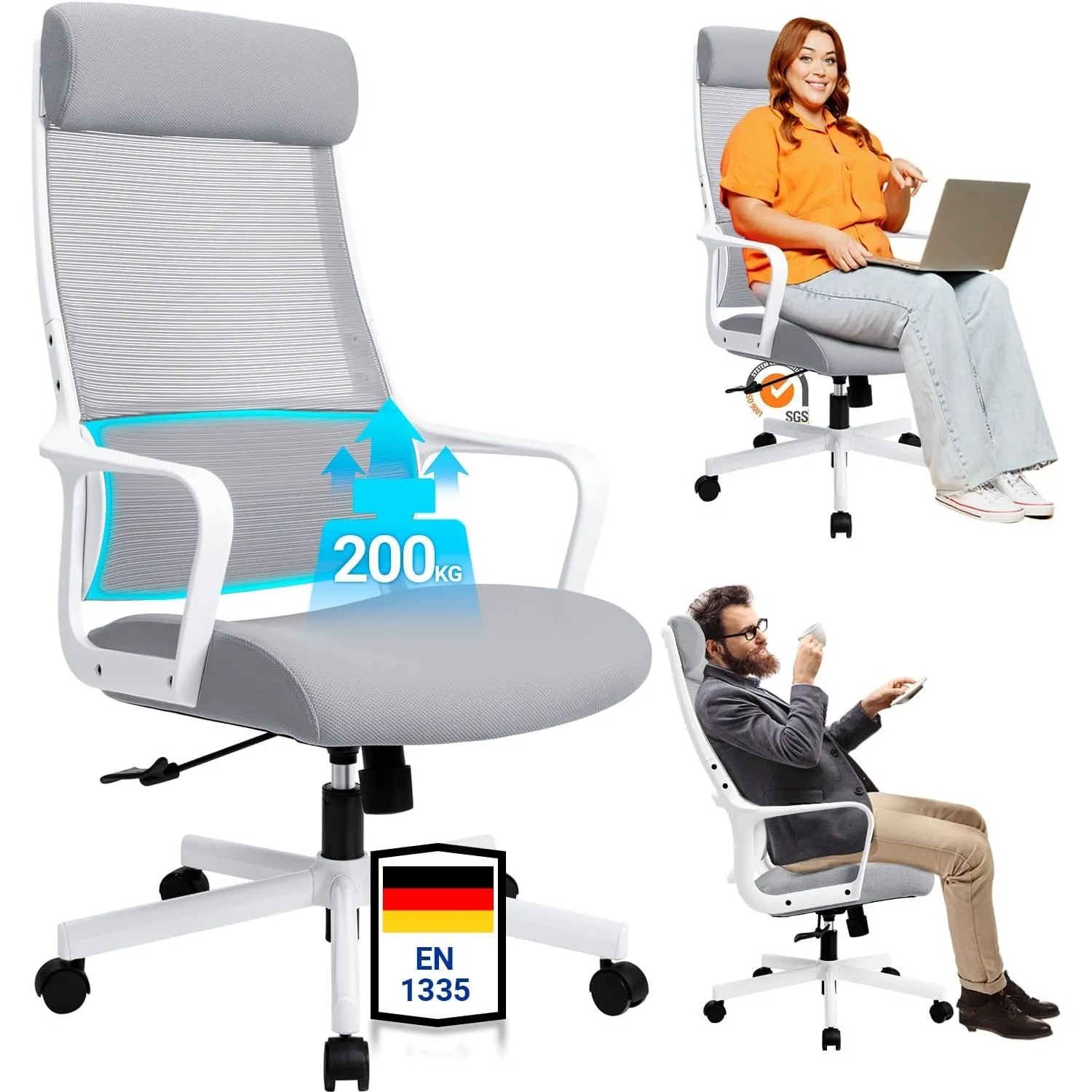 MELOKEA Bürostuhl Ergonomisch, Verstellbarer Kopfstütze, Grau