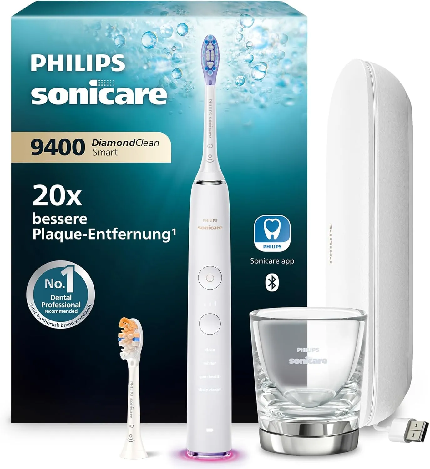Philips Sonicare DiamondClean Smart 9400 elektrische Zahnbürste, Schallzahnbürste mit App, Drucksensor, Bürstenkopferke…