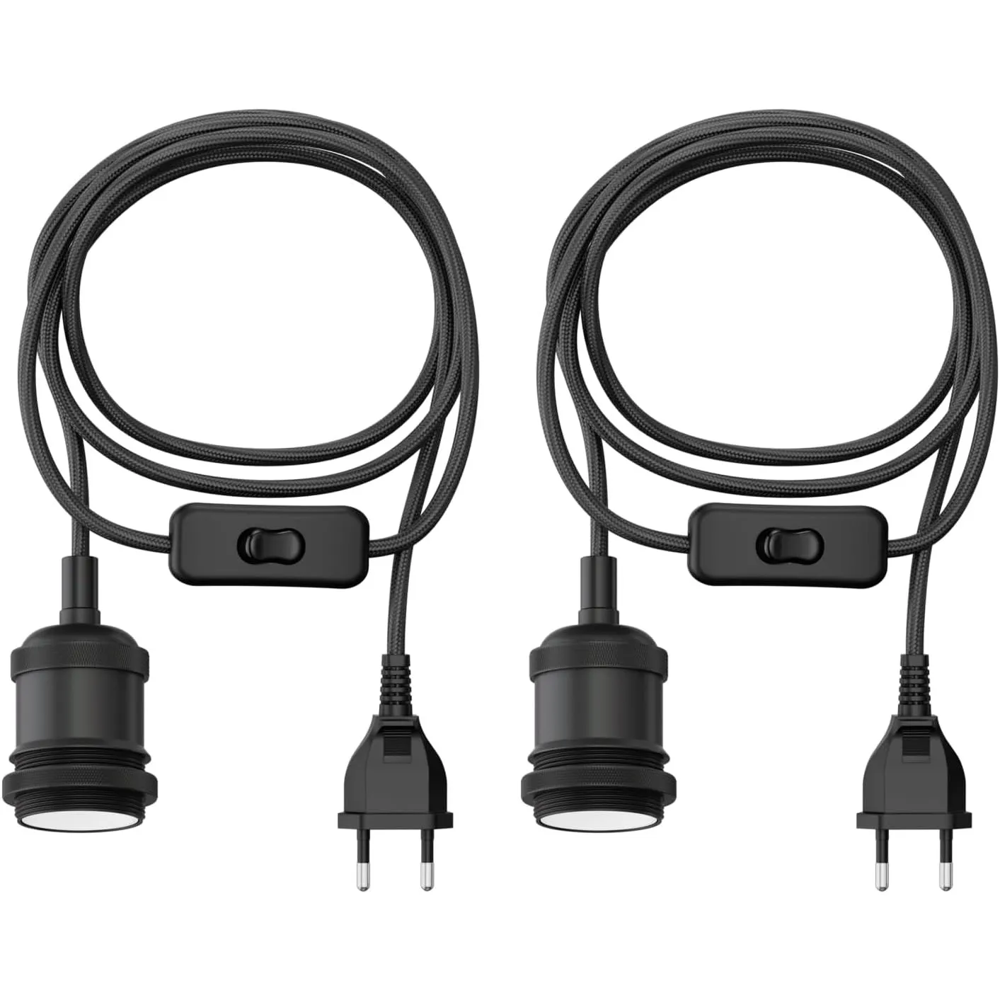 ledscom.de 2x Textilkabel RETRA, Stecker, Schalter, schwarz matt, 3 m, Lampen-Fassung, 1x E27 max. 60W