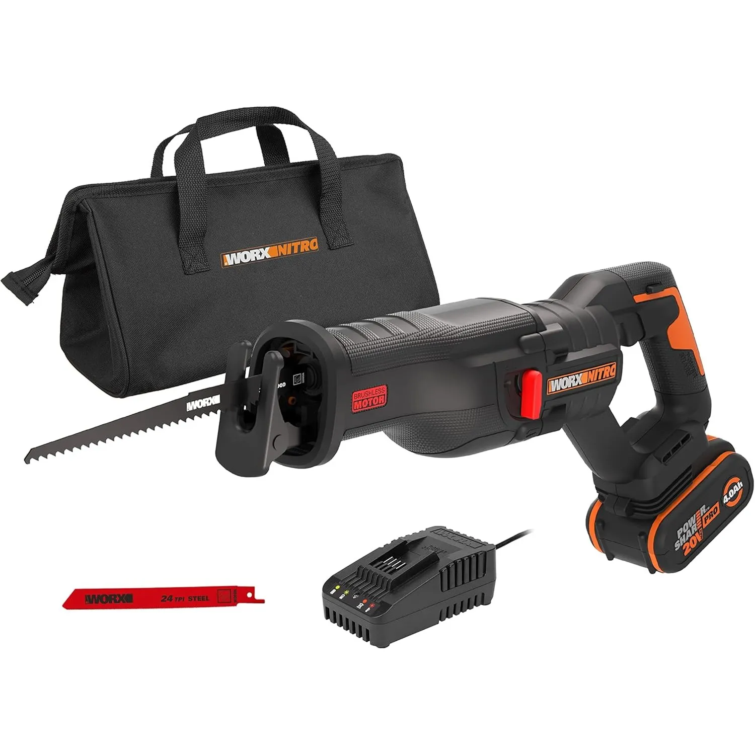 WORX WX516 Akku-Säbelsäge 20V, inkl. 4Ah Akku, Schnellladegerät, LED Licht