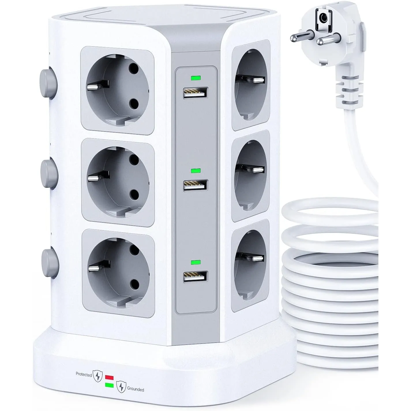 KOOSLA Steckdosenturm, 12 Fach, 6 USB, 5M, Weiß