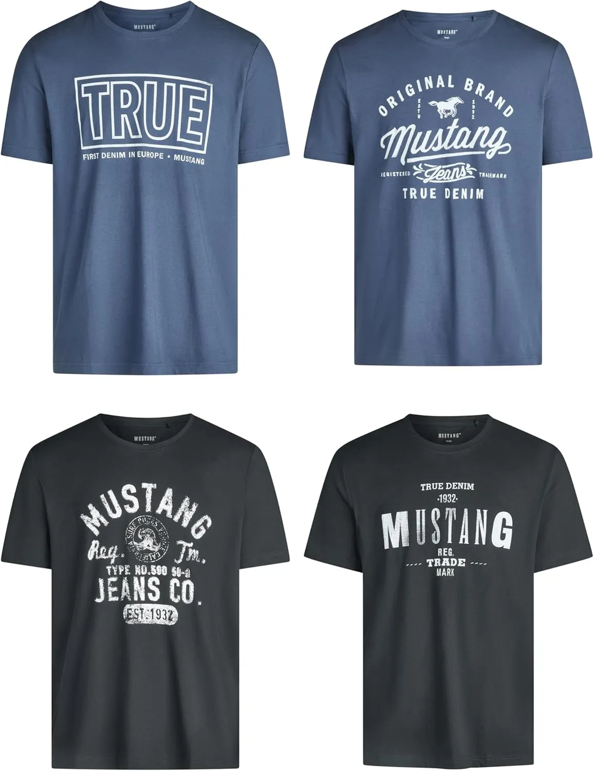 MUSTANG Tshirt Herren Baumwolle Regular Fit 4er Pack Set Rundhals Kurzarm Sommer Tee Shirt Logoprint Schwarz Weiß Grau …