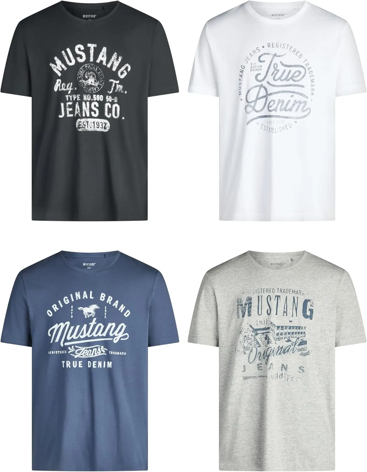 Mustang Men's T-shirt, Pack of 4, Front Print, Round Neck, Short Sleeves, Regular Fit, 100% Cotton, Black, White, Grey,…
