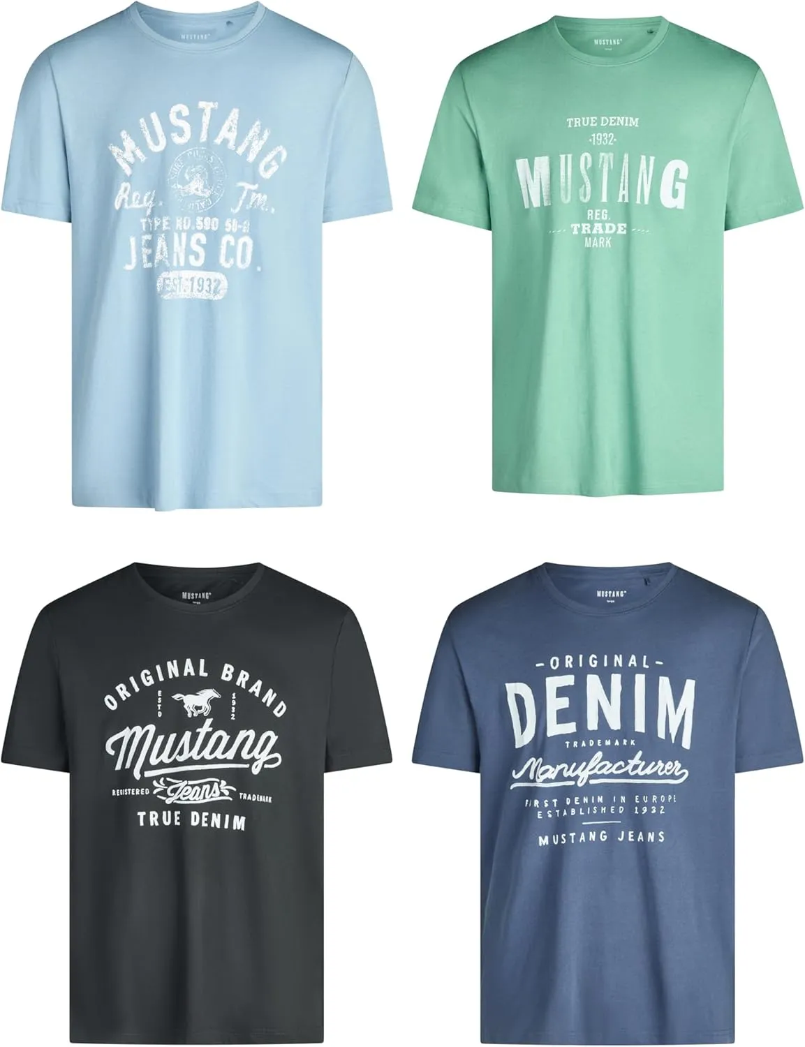 Mustang Men's T-shirt, Pack of 4, Front Print, Round Neck, Short Sleeves, Regular Fit, 100% Cotton, Black, White, Grey,…
