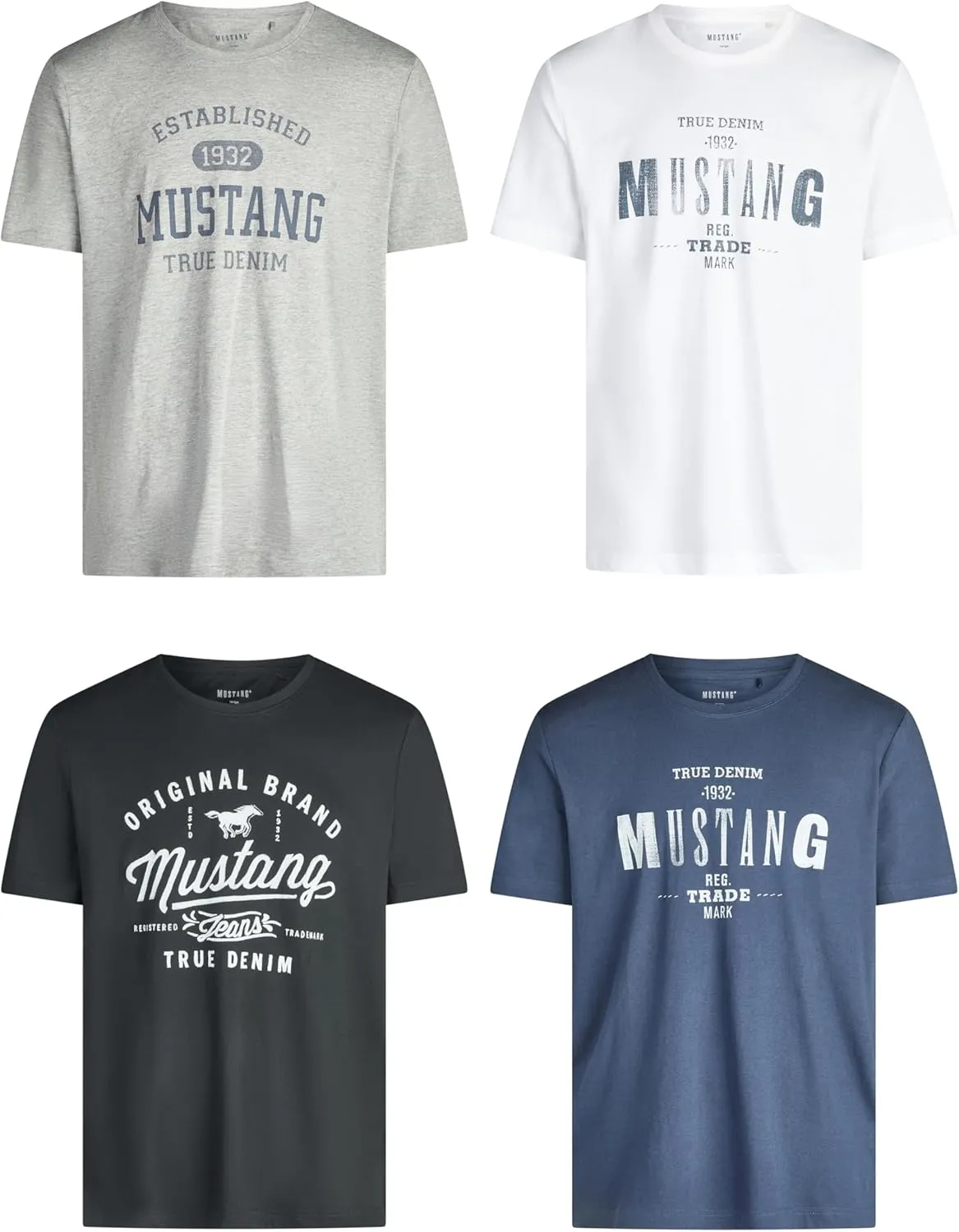 MUSTANG Tshirt Herren Baumwolle Regular Fit 4er Pack Set Rundhals Kurzarm Sommer Tee Shirt Logoprint Schwarz Weiß Grau …