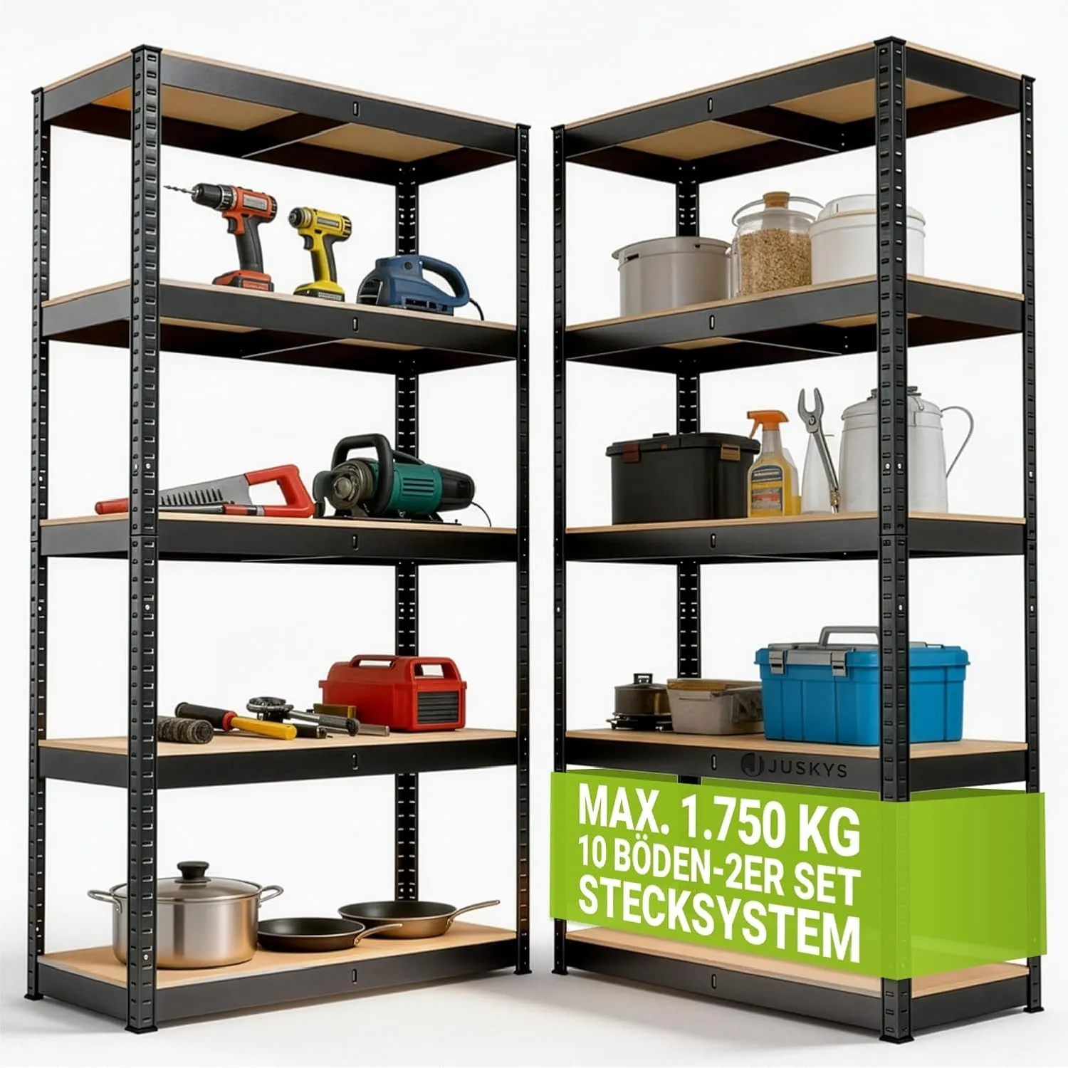 Juskys Schwerlastregal 2 Stück 180 x 90 x 40 cm grau, 10 Böden, bis 1750 kg