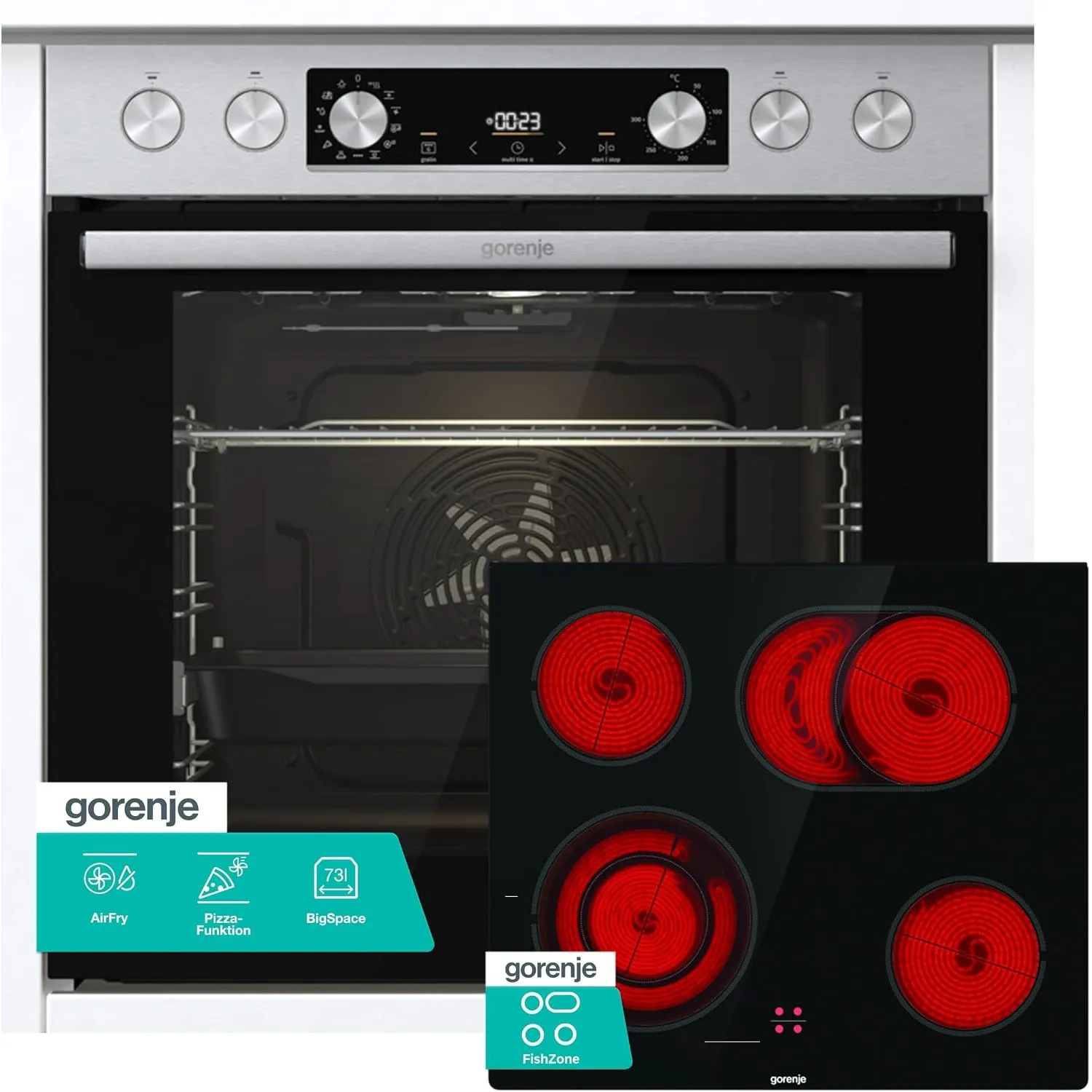 Gorenje Einbauherd-Set Heißluft Inox Set 4 mit Glaskeramik-Kochfeld / 77L / ExtraSteam / GentleClose & Open / EcoClean …