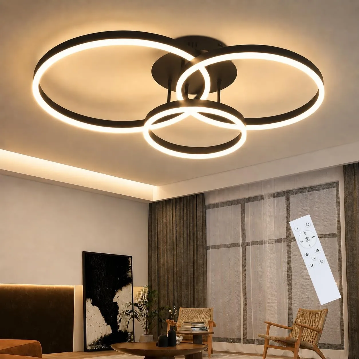 ZMH LED Deckenleuchte Wohnzimmer dimmbar 82cm Deckenlampe Schwarz 74W
