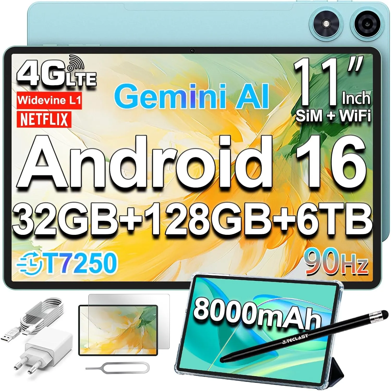 TECLAST P50 Android 16 Tablet 11 Zoll 90Hz Display, 4G LTE Dual SIM, 32GB RAM+128GB ROM(6TB TF), 8000mAh Akku, T7250 Oc…