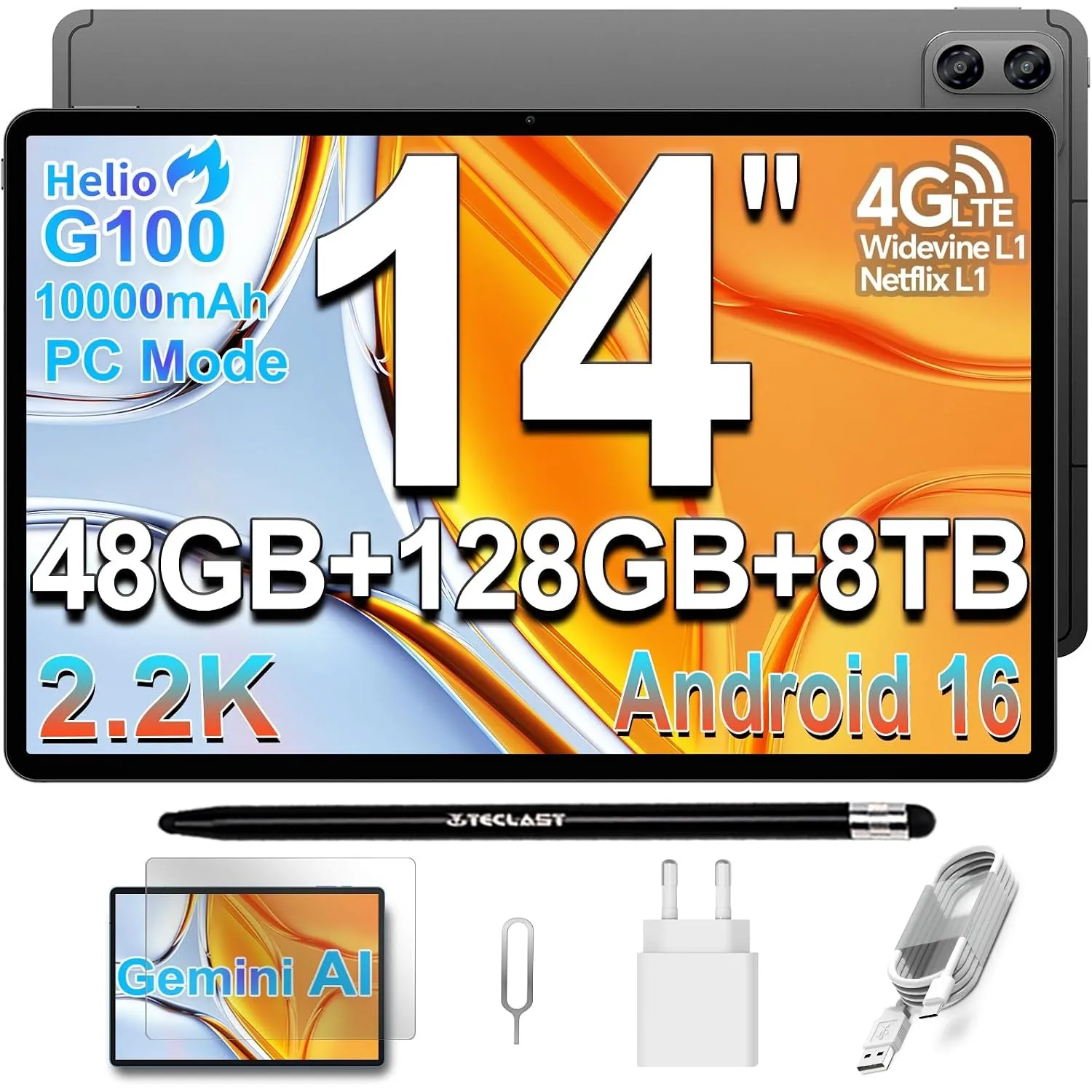 TECLAST T70PRO Tablet 14 Zoll 2.2K Gaming Tablets Android 16, Helio G100 2.2GHz, 10000mAh/18W, 48GB RAM+128GB(8TB TF), …