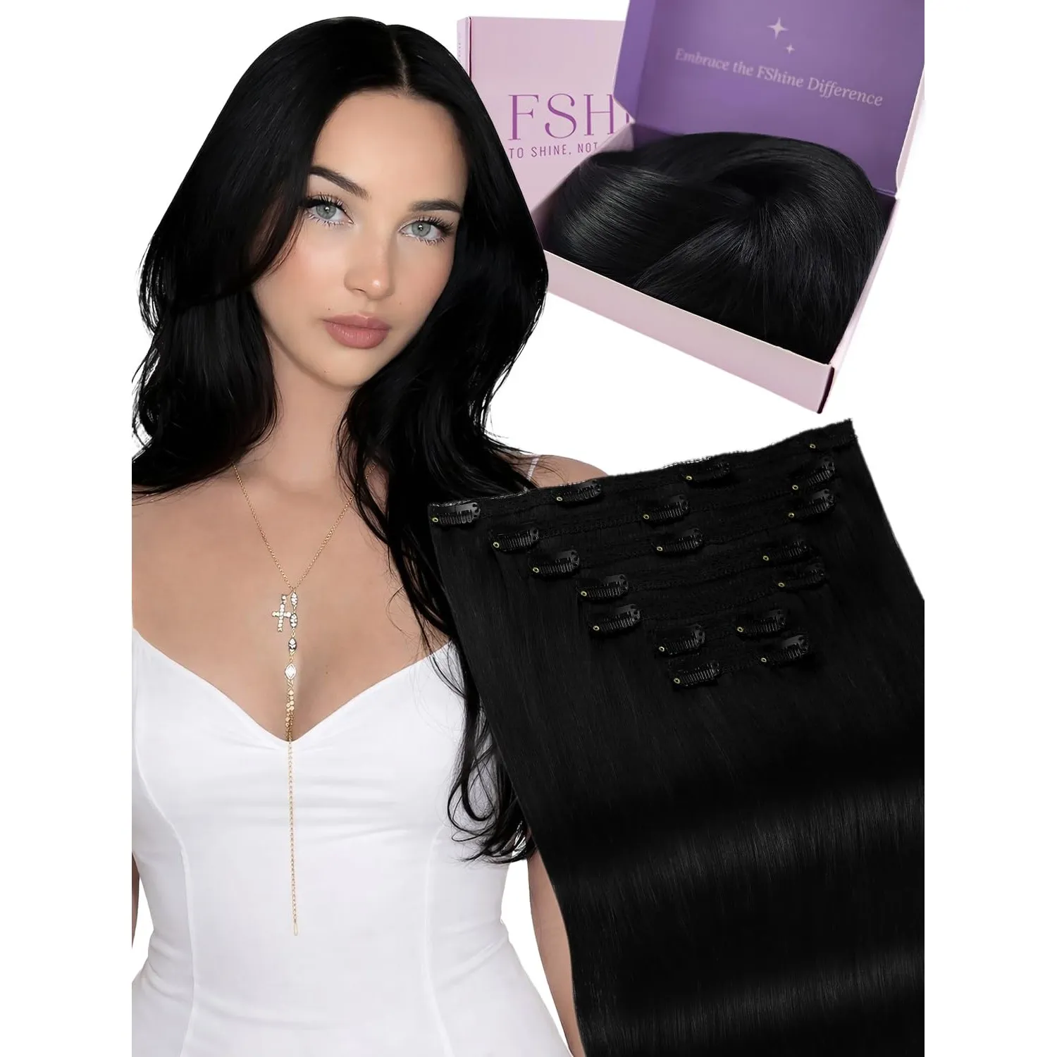Fshine Clip in Extensions Echthaar Tief Schwarz 45cm 120g Echt Haar