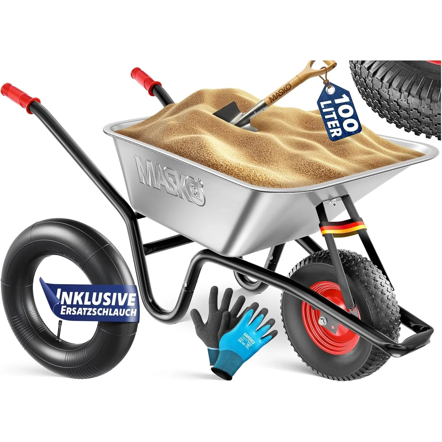 MASKO® Schubkarre Bauschubkarre Gartenschubkarre 100 Liter 250kg Luftreifen mit Stahlfelge + Ersatzschlauch Schubkarren…
