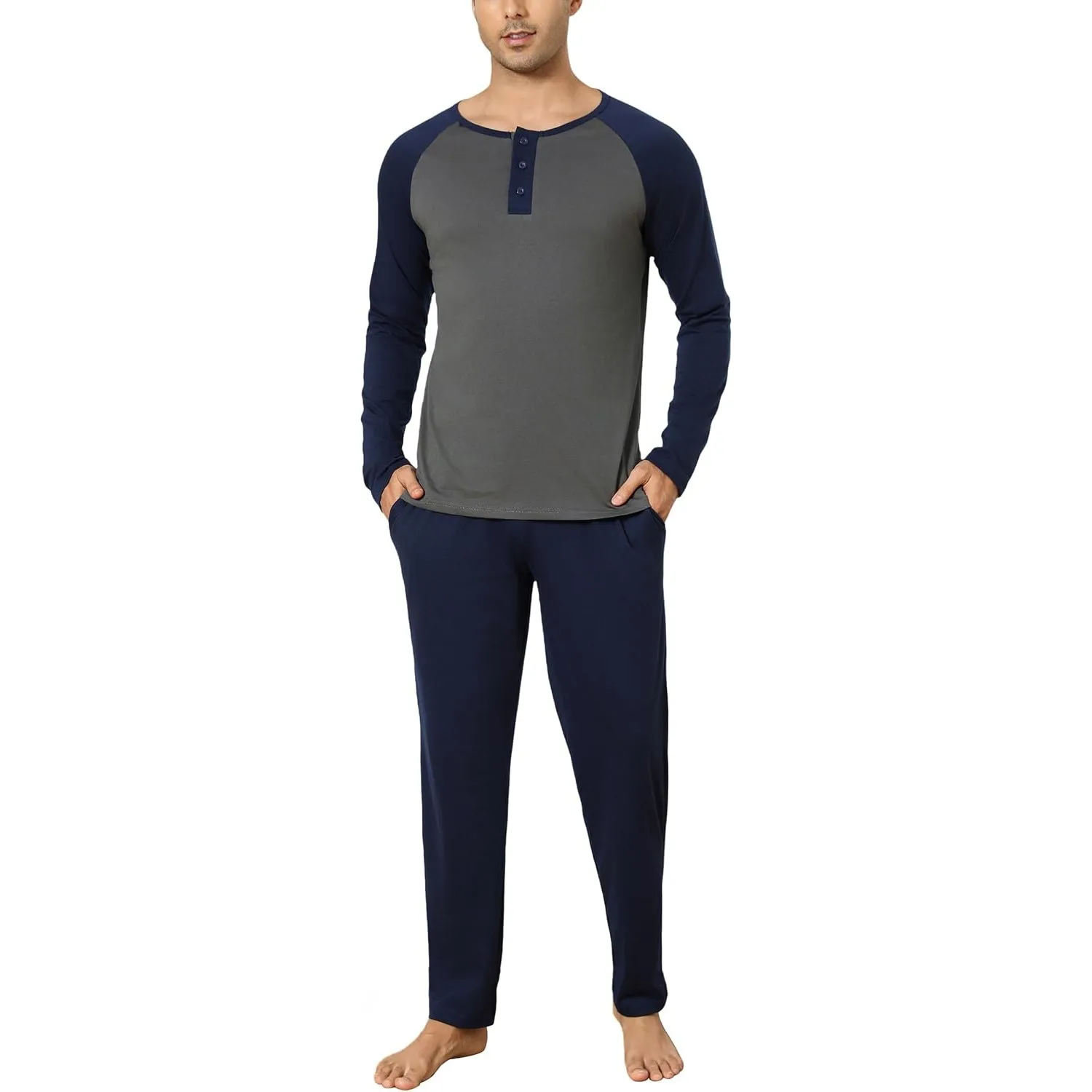 Aseniza Herren Schlafanzug Lang Pyjama Baumwolle Winter Zweiteilige S-3XL