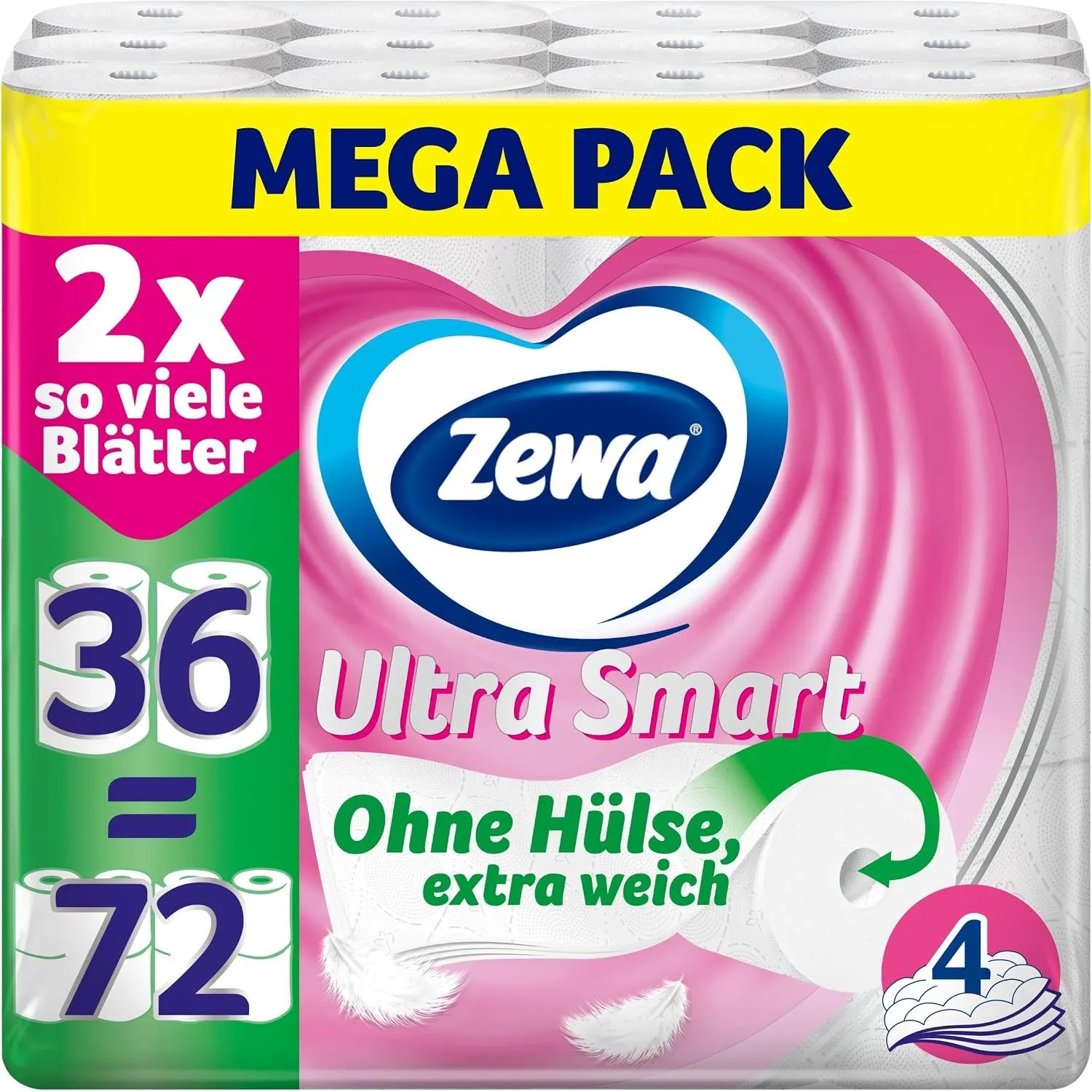 Zewa Ultra Smart Toilettenpapier Großpackung, 36 Rollen á 280 Blatt, Riesenrolle, 4-lagig, hell