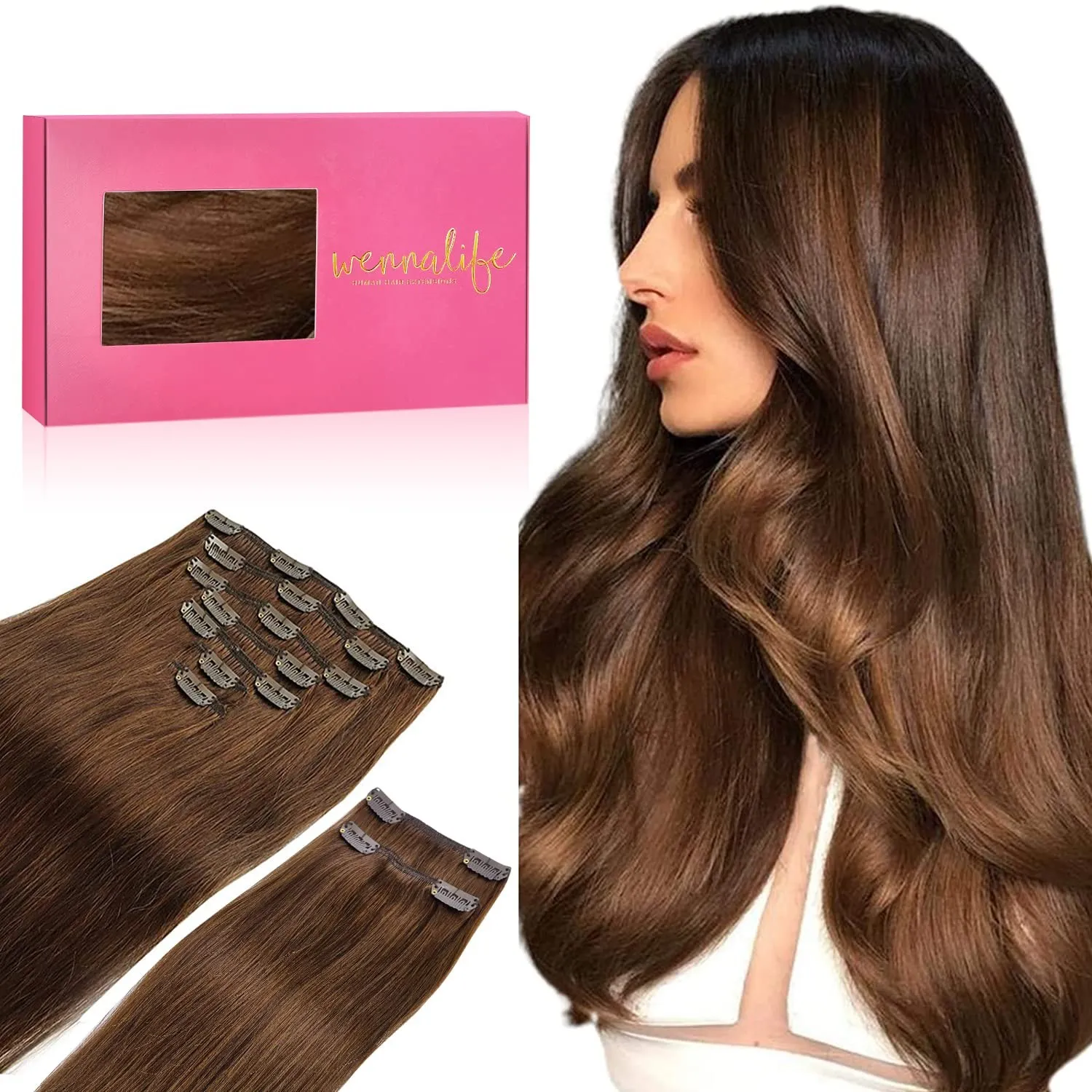 WENNALIFE Clip In Extensions Echthaar, 150g 40cm 9pcs Schokoladenbraun Clip In Extensions Hair Extensions Clip In Remy …