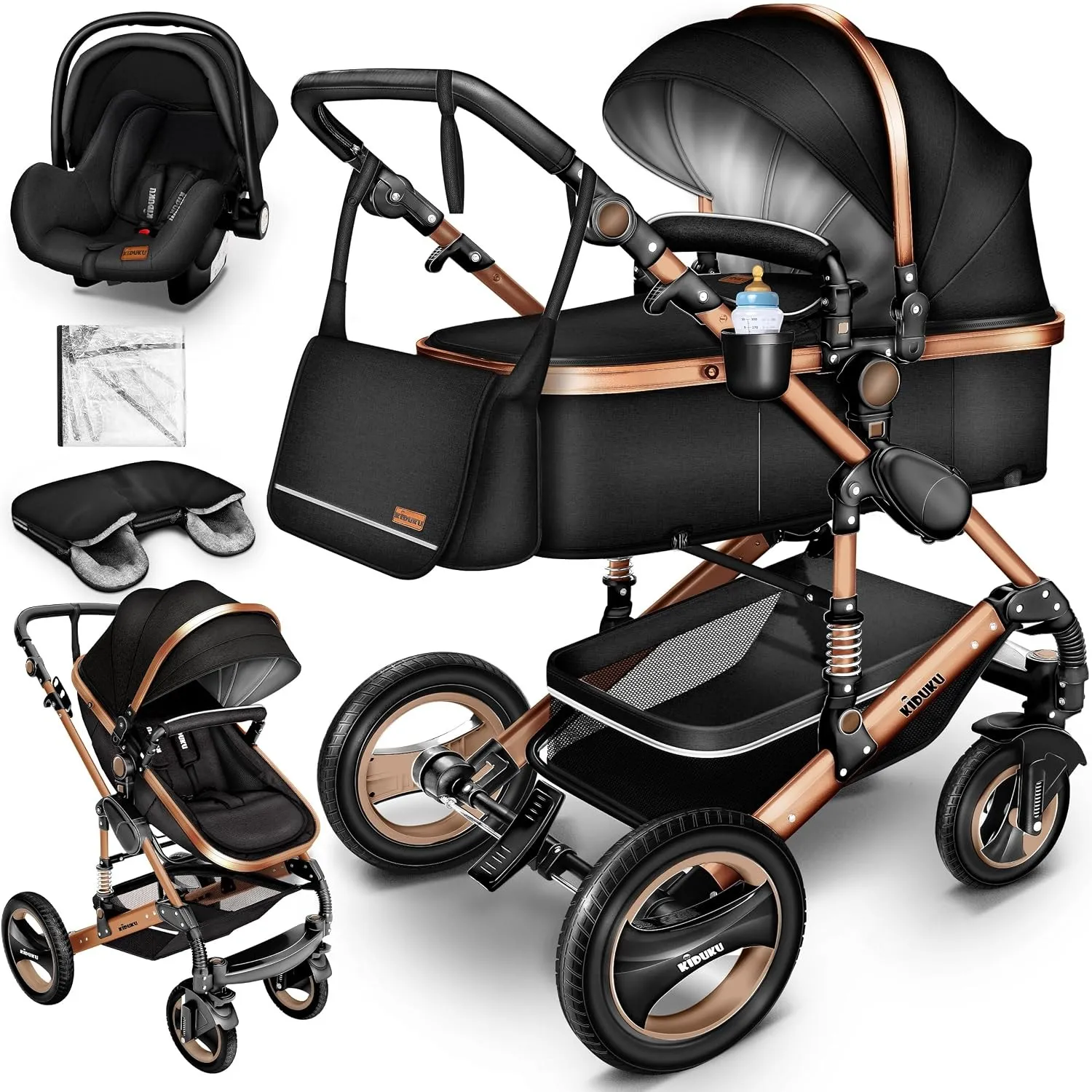 KIDUKU® 3 in 1 Kinderwagen XXL Set inkl. Babywanne Buggy Auto-Babyschale
