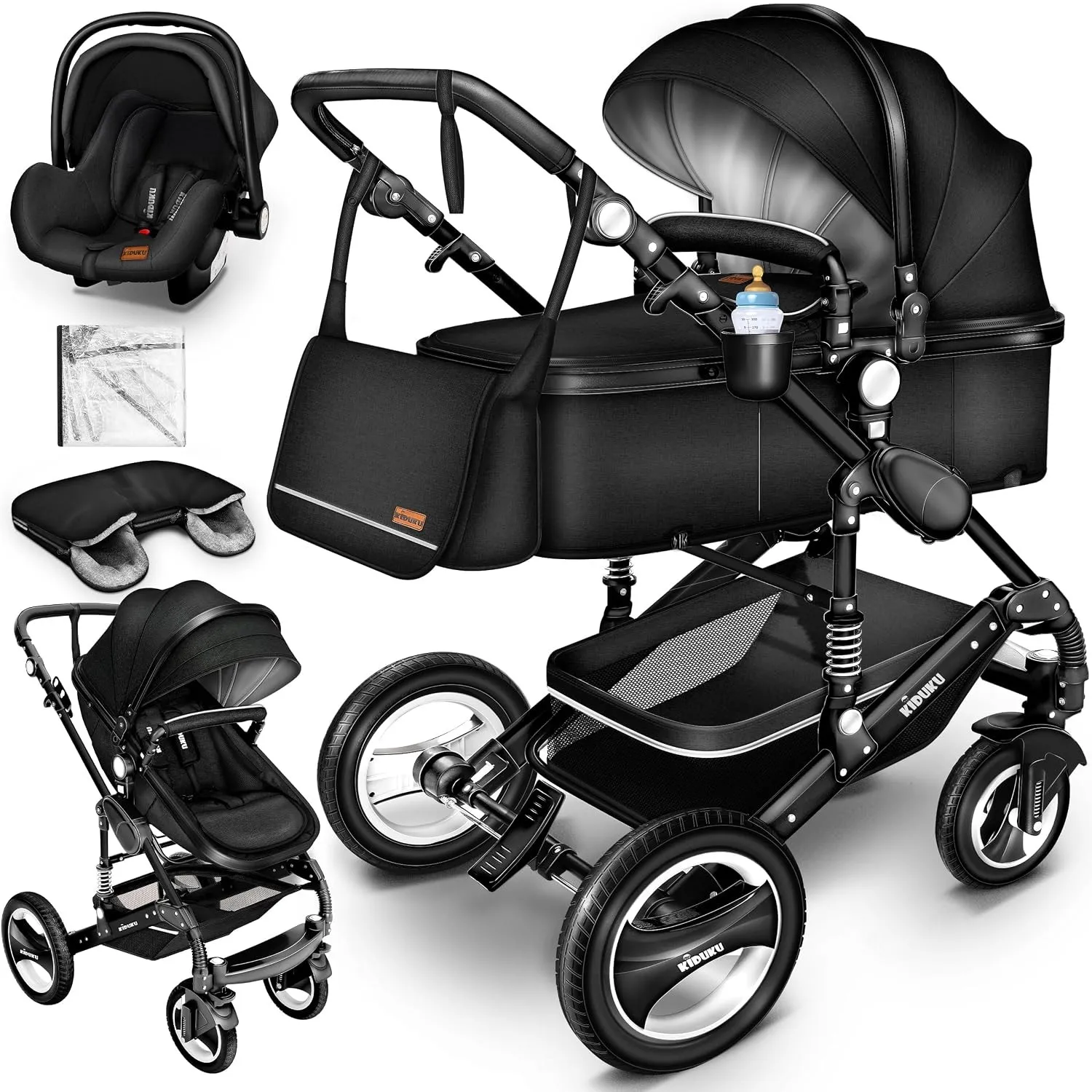 KIDUKU® 3 in 1 Kinderwagen XXL Set inkl. Babywanne Buggy Auto-Babyschale