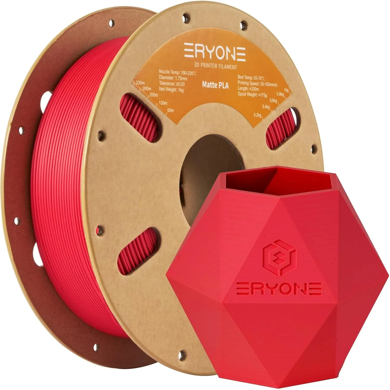 ERYONE Matte PLA 3D Drucker Filament 1.75mm, Maßgenauigkeit +/- 0.03 mm, 1 kg 1 Spule, Matte Rot