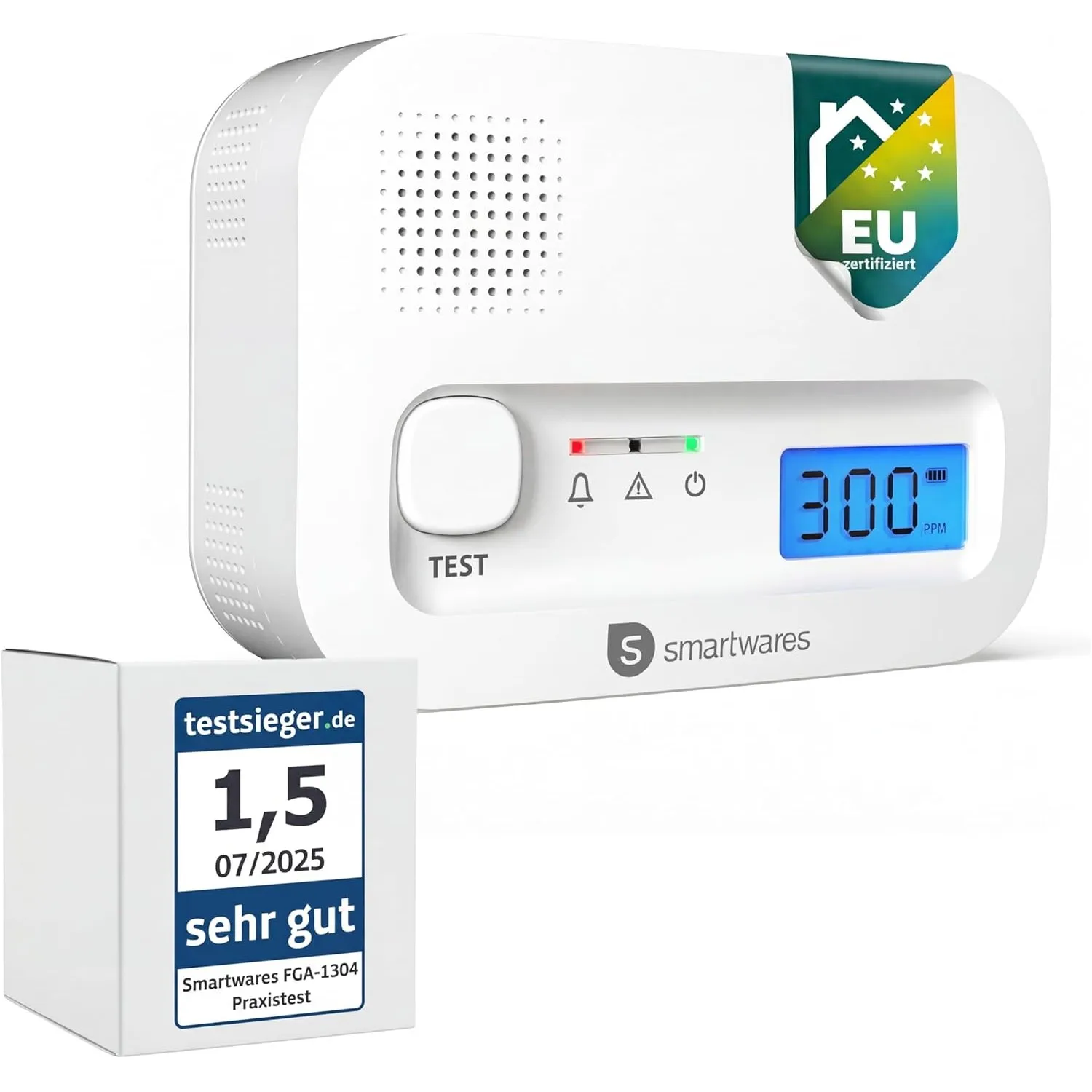 Smartwares Kohlenmonoxid melder, 10 Jahre Sensor, 1.5 Testsieger Wertung, mit Display und Testknopf - FGA-13041