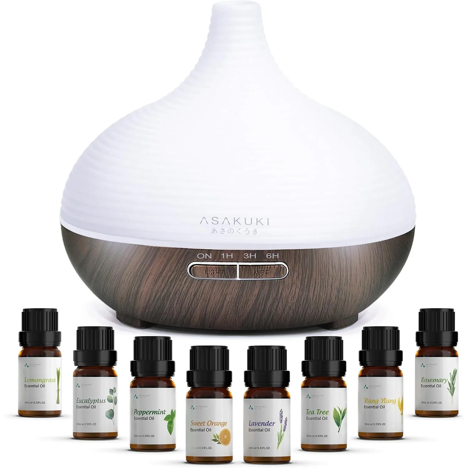 ASAKUKI 300ml Aroma Diffuser mit 8 * 10ml Ätherische Öle Set