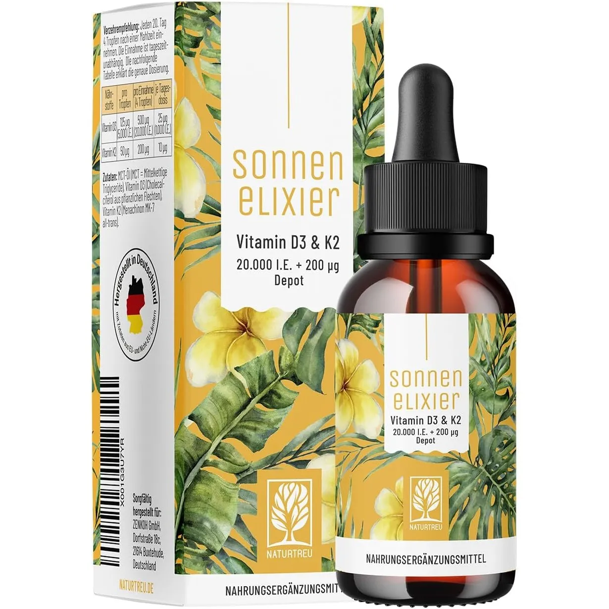 NATURTREU® Vitamin D3 K2 Tropfen hochdosiert & vegan - 20.000 I.E Vitamin