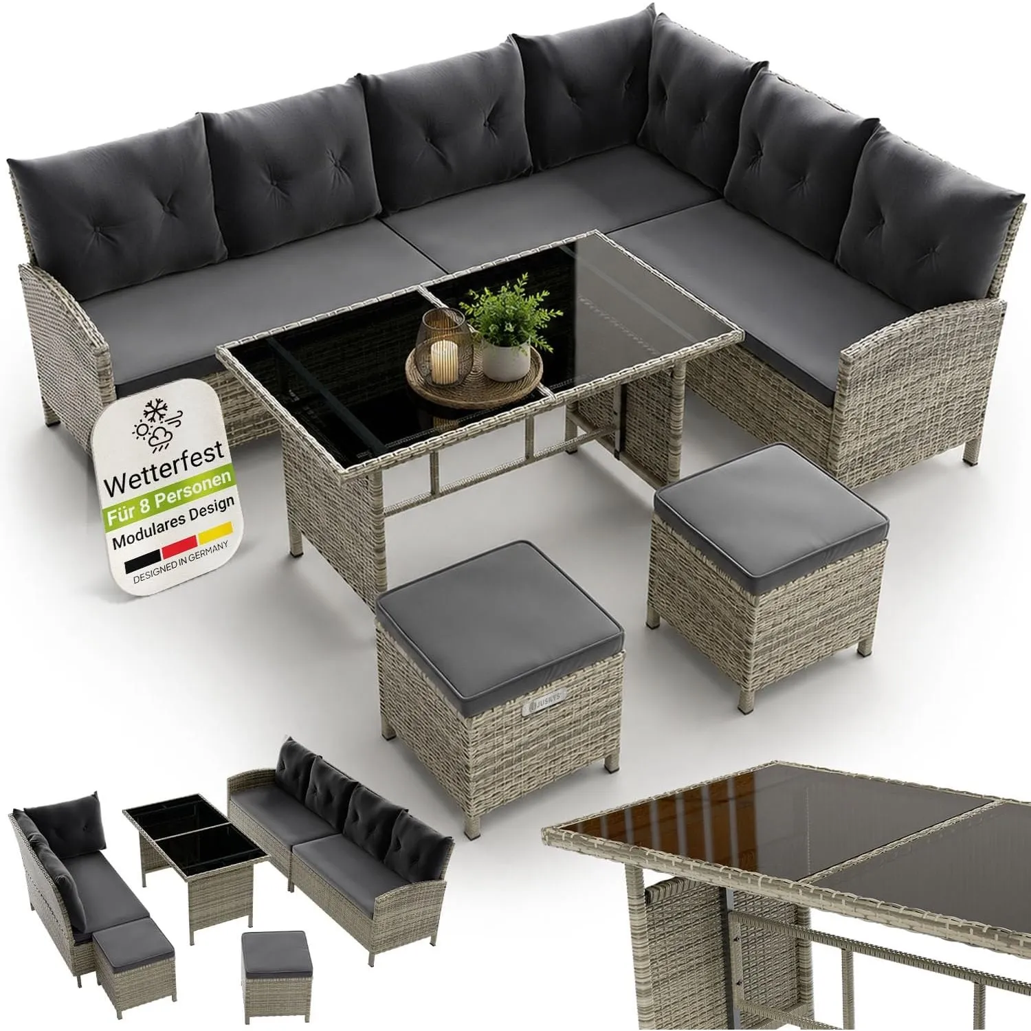 Juskys Polyrattan Lounge Manacor mit Ecksofa, Esstisch, 2 Hocker & Kissen - wetterfest bis 7 Personen - Bezüge waschbar…