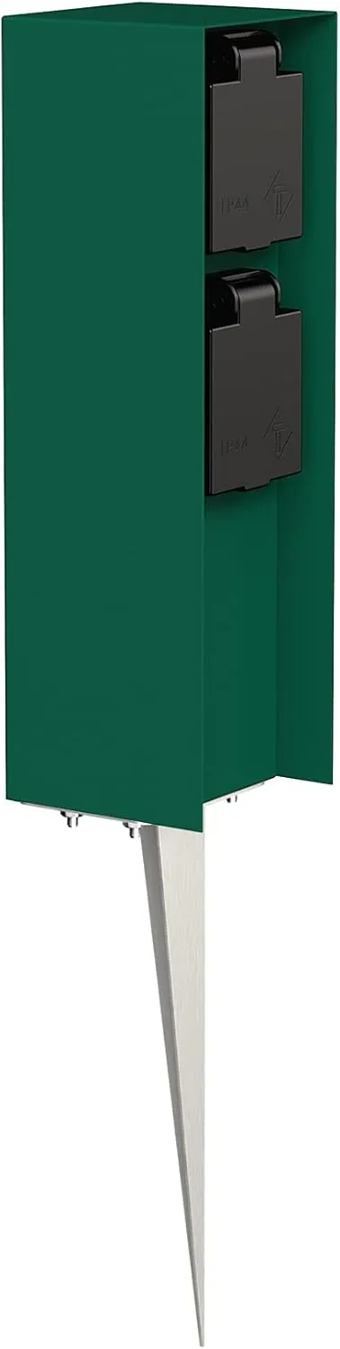 ledscom.de Garten-Steckdosen-Säule POMI mit Erdspieß für außen, IP44, 2-Fach, grün, eckig, 23cm