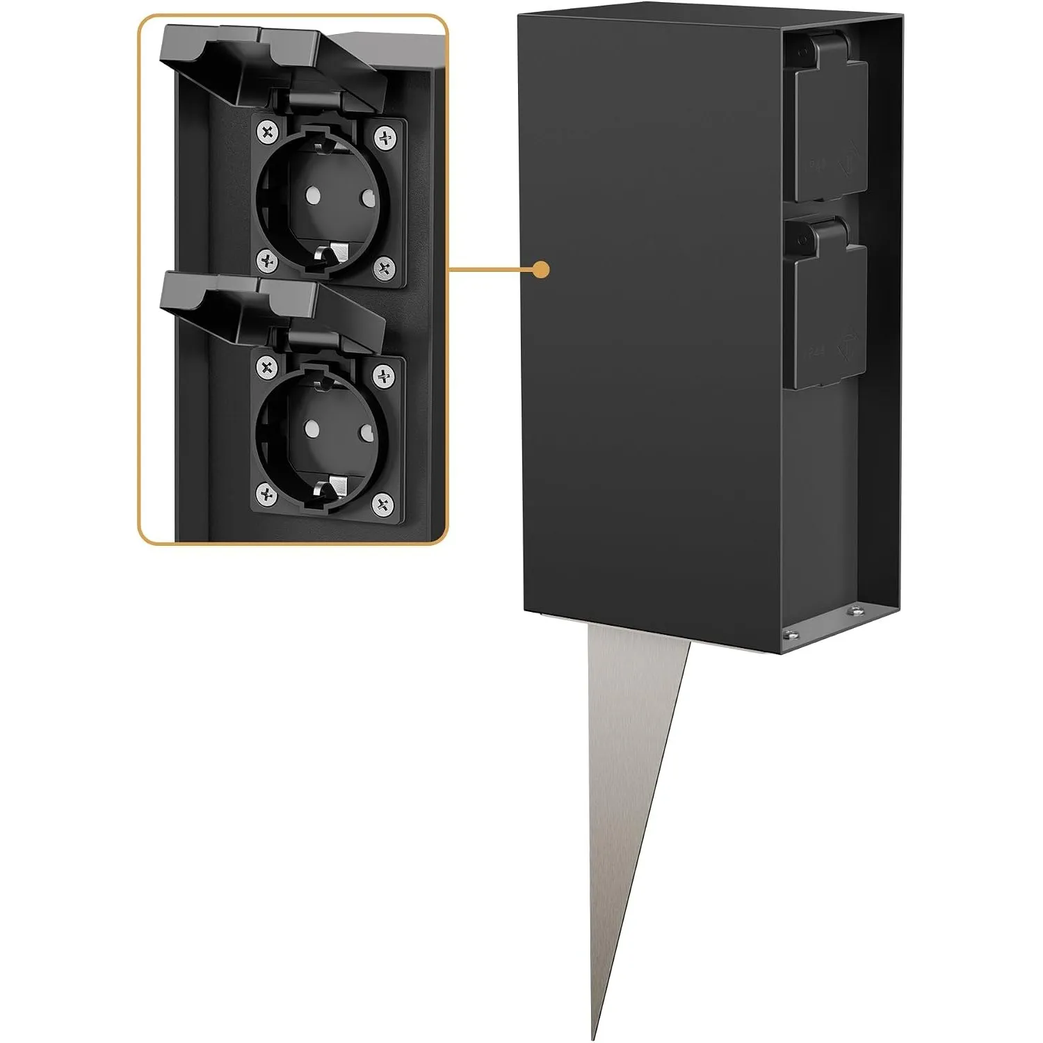 ledscom.de Garten-Steckdosen-Säule POMI mit Erdspieß für außen, IP44, 4-fach, schwarz, eckig, 23cm