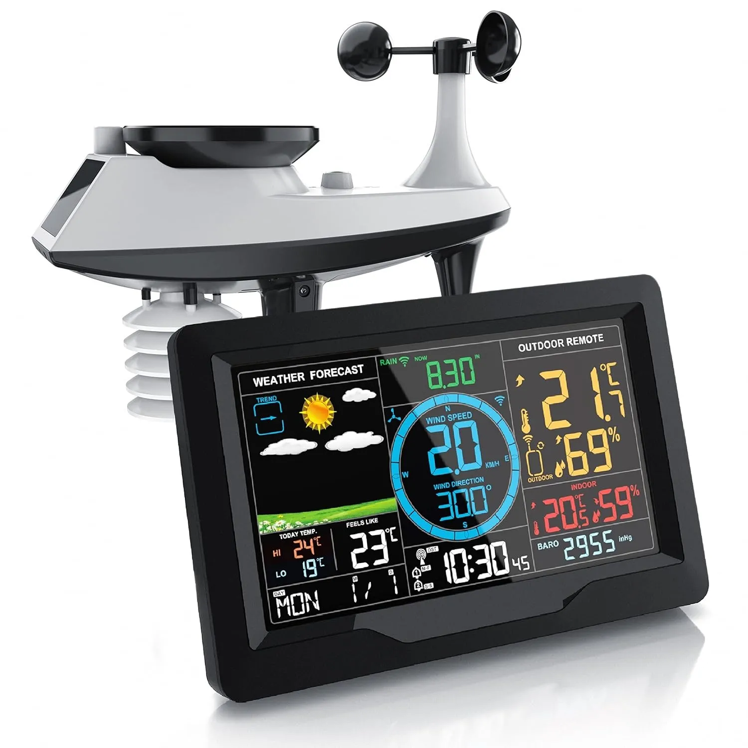 Brandson - Funk Wetterstation mit 5 in 1 Außensensor – LED Farbdisplay - DCF - Thermometer Hygrometer Barometer – Windm…