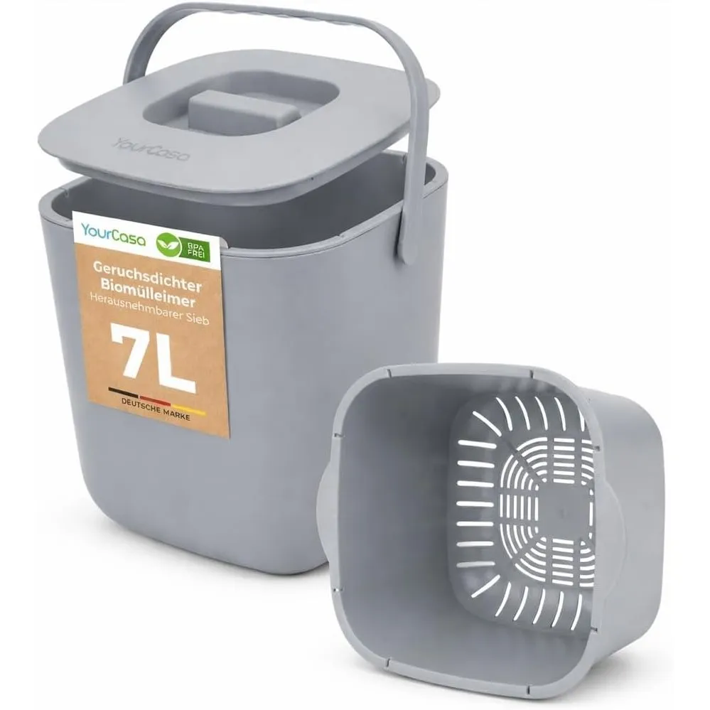 YourCasa Biomülleimer Küche 7L - Komposteimer mit herausnehmbarem Sieb & Deckel - geruchsdicht, spülmaschinenfest & ohn…