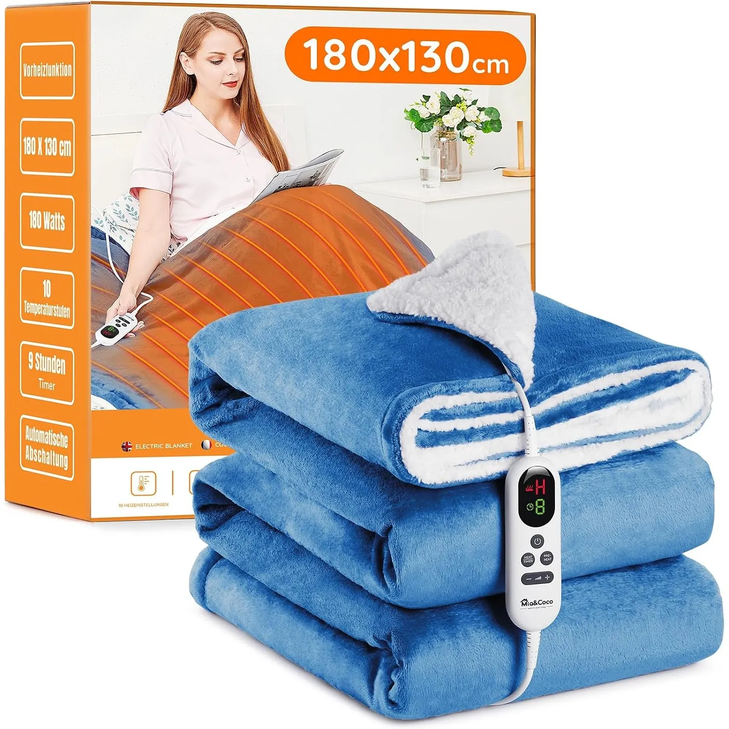 Mia&Coco Heizdecke mit Abschaltautomatik, 130x180cm für Home & Office Blau