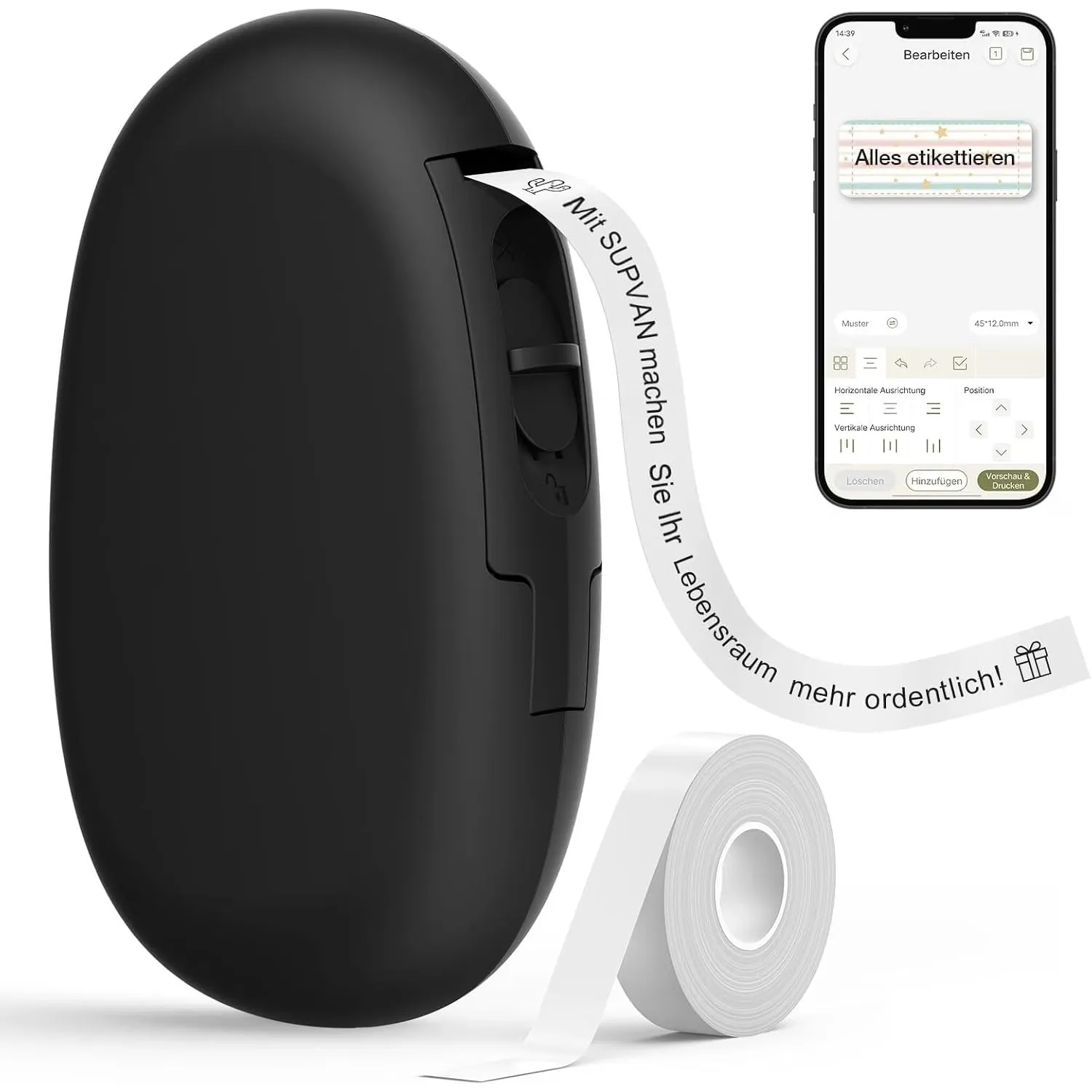 SUPVAN E10 Etikettendrucker mit Bluetooth und Endlosetiketten, Schwarz