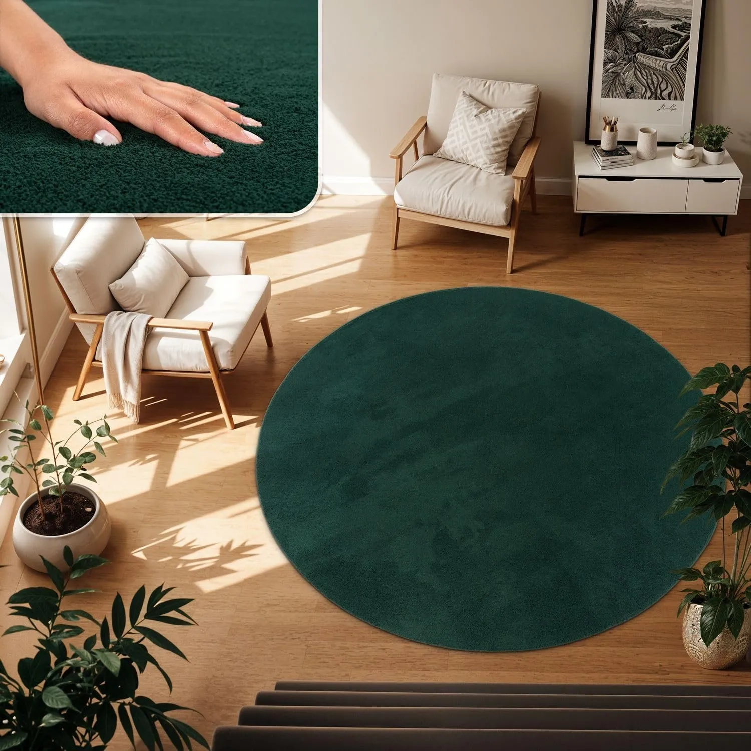 TT Home Teppich Wohnzimmer Grün 120 cm Rund, Waschbar & Kurzflor