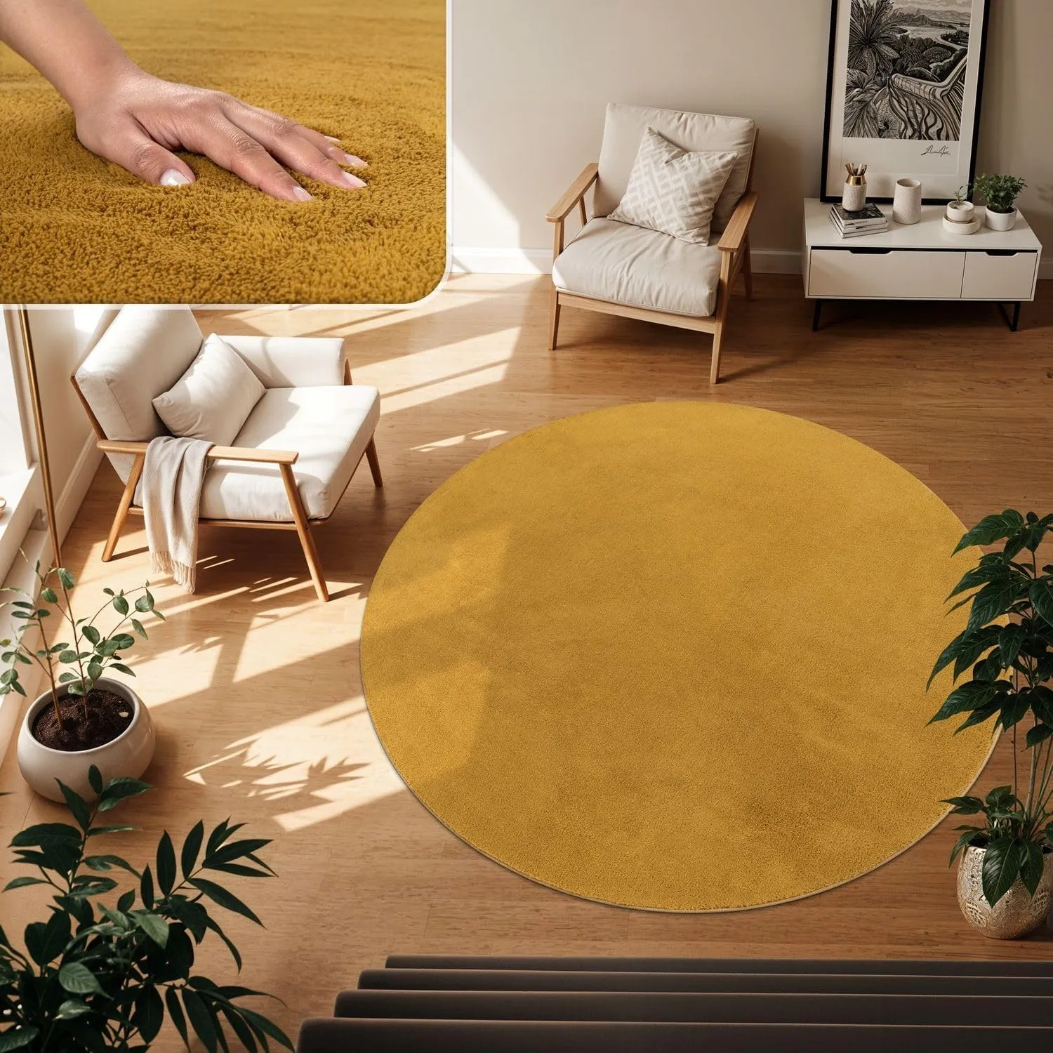 TT Home Teppich Wohnzimmer Gelb 200 cm Rund, Waschbar & Kurzflor