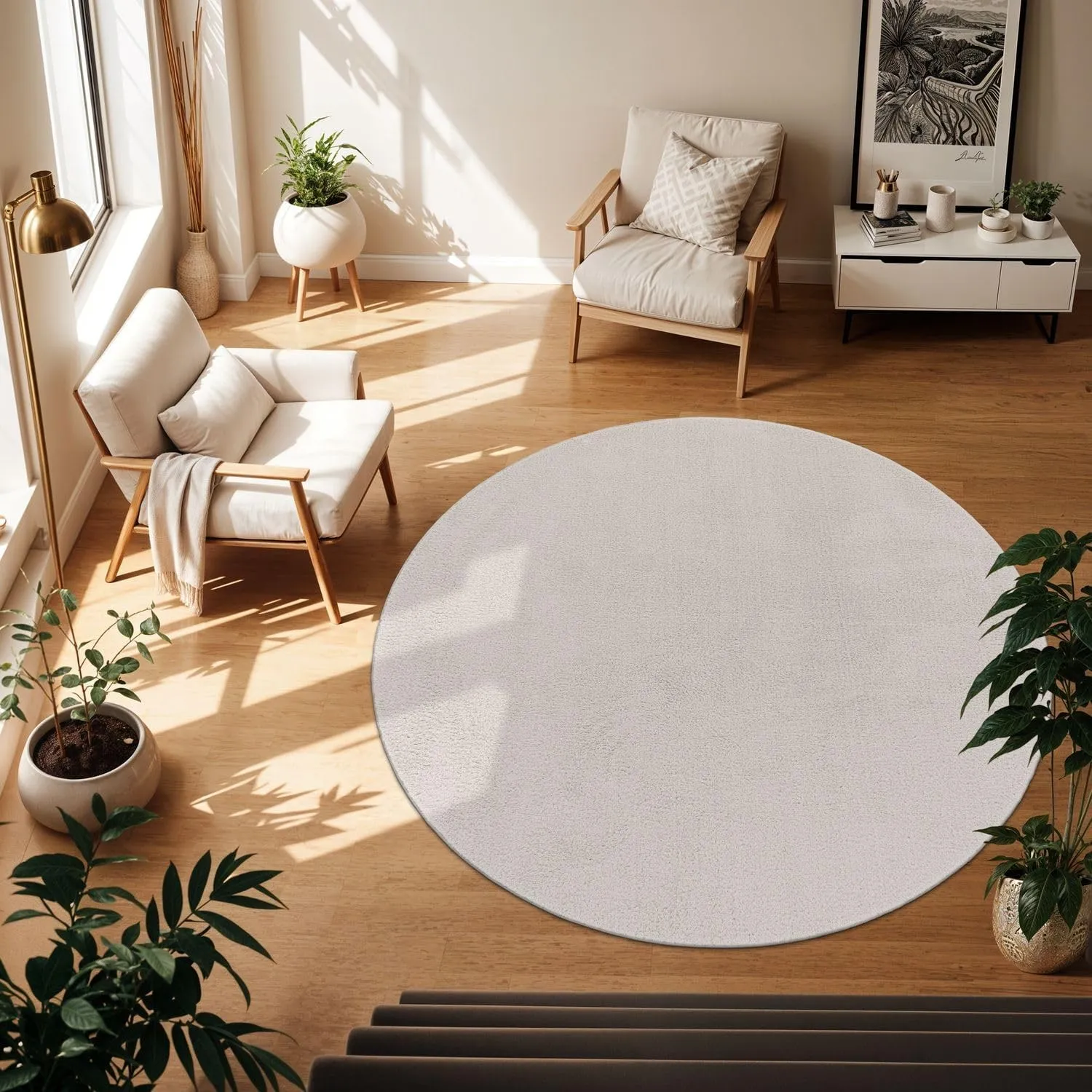 TT Home Teppich Wohnzimmer Silber 200 cm Rund, Waschbar & Kurzflor