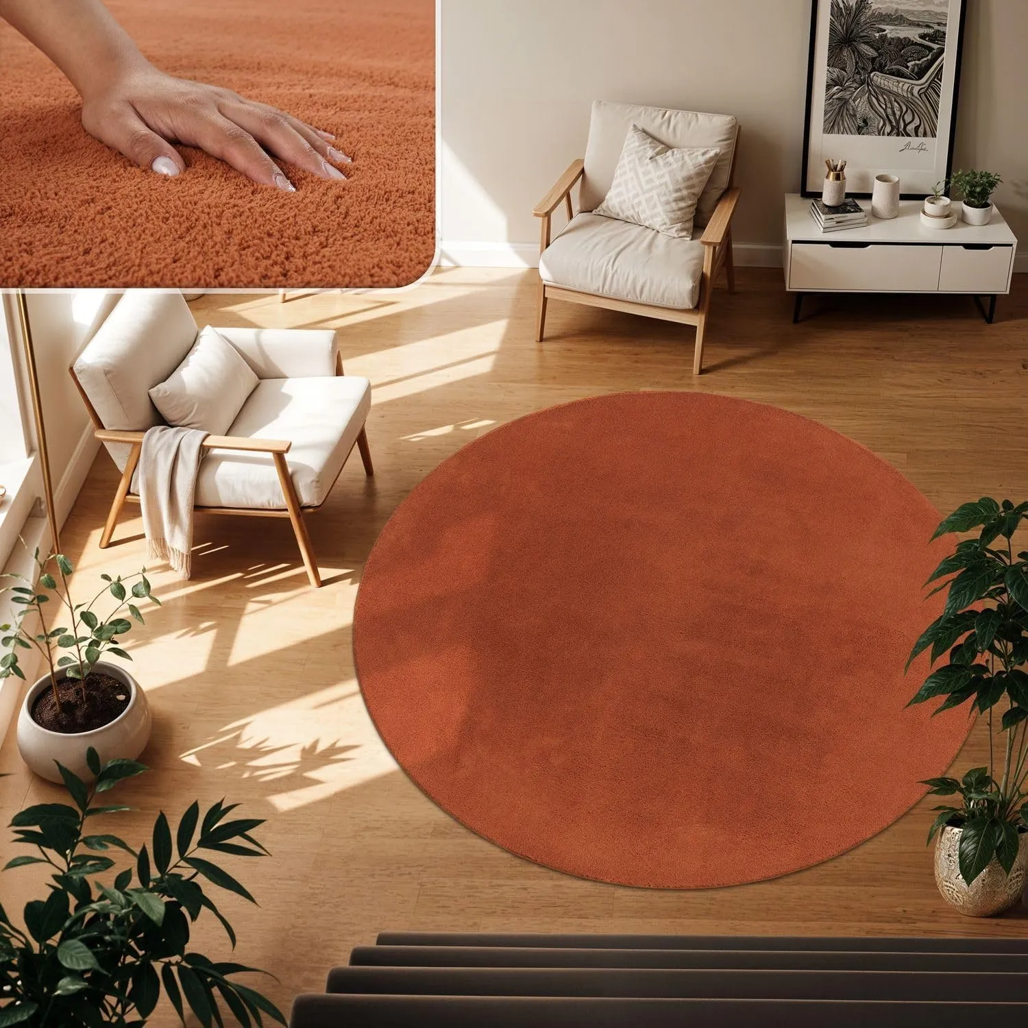 TT Home Teppich Wohnzimmer Kupfer 200 cm Rund, Waschbar & Kurzflor