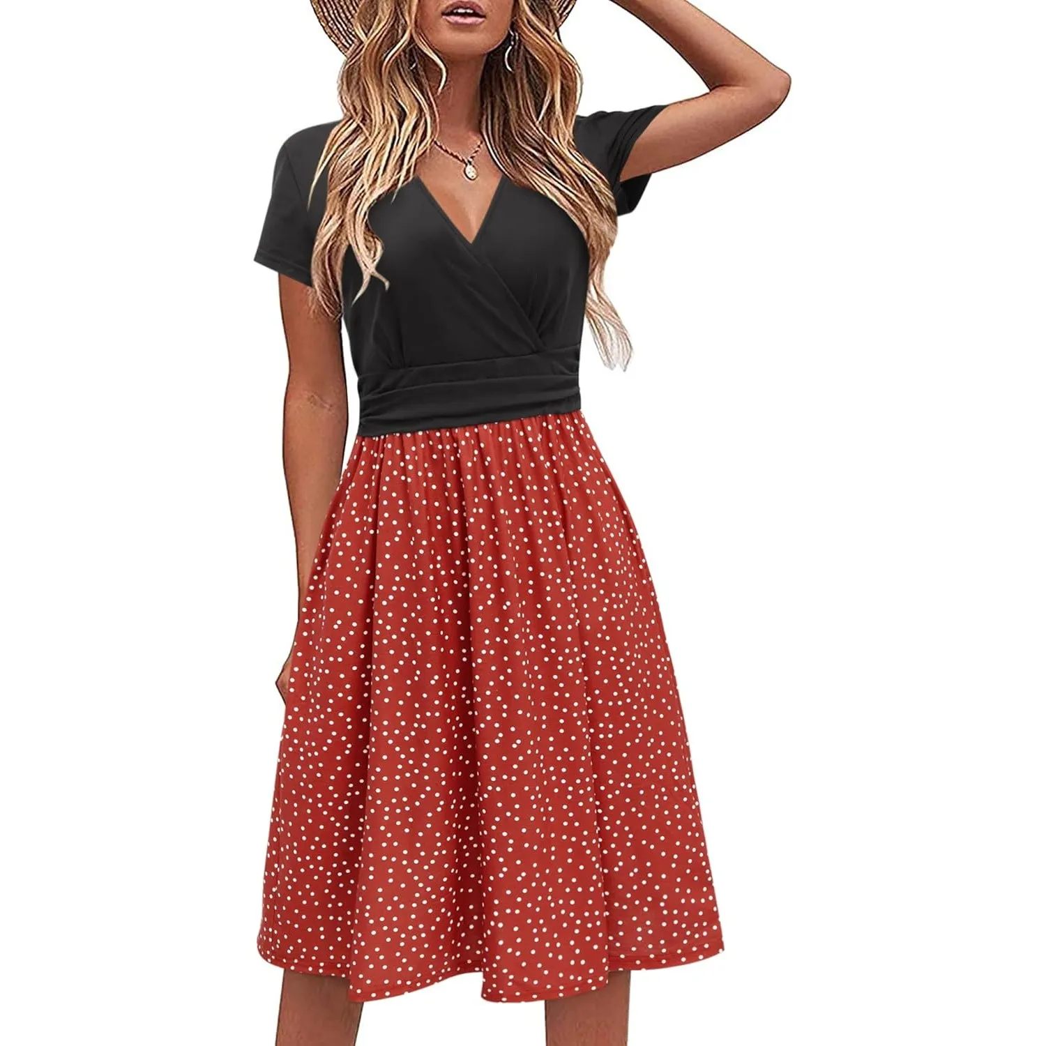 STYLEWORD Damen Sommerkleid Kurzarm V-Ausschnitt Kleider Blumenmuster Kleid Wickelkleid Mit Taschen