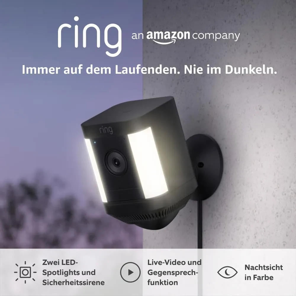 Ring Spotlight Kamera Plus Netzstecker (Spotlight Cam Plus) | Überwachungskamera aussen mit WLAN, HD-Video, LED-Strahle…
