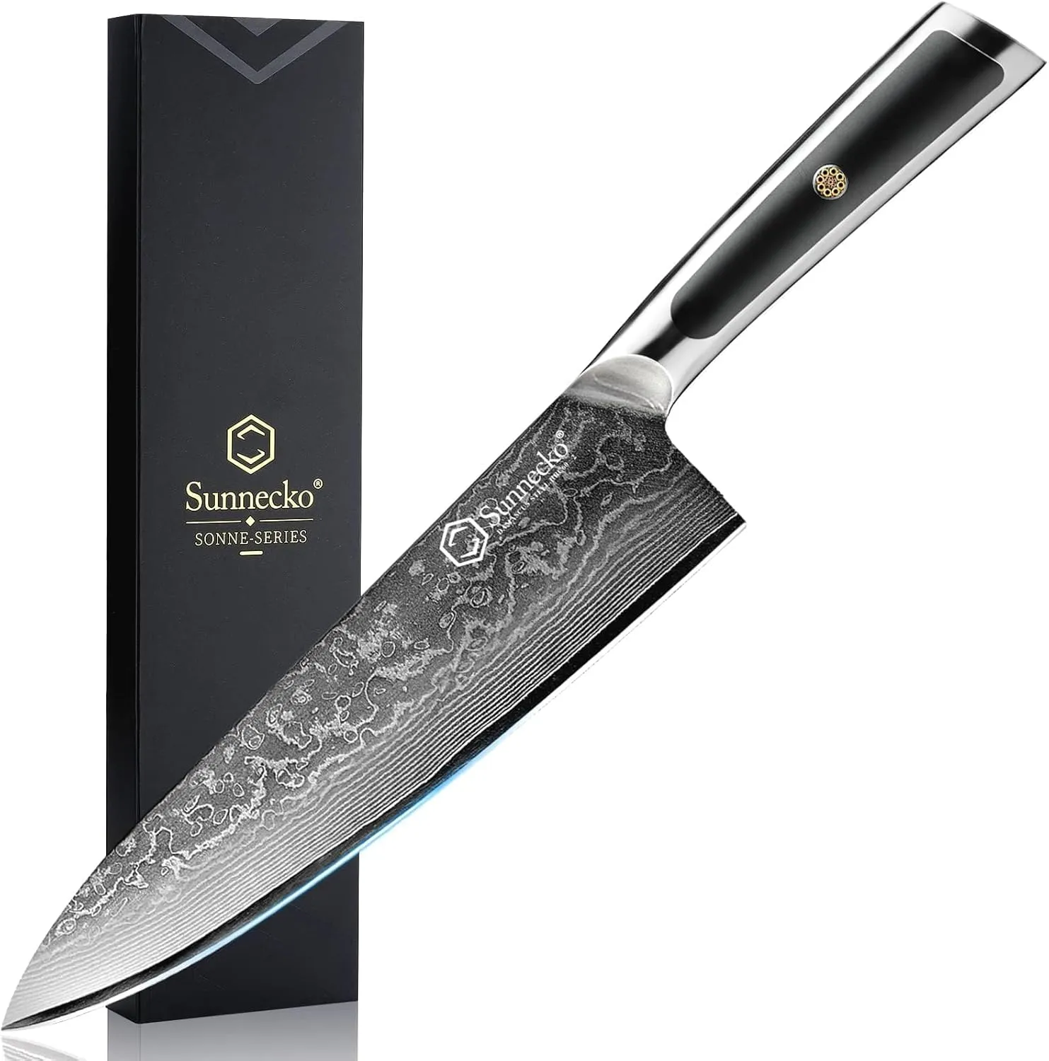 Sunnecko Damastmesser 20cm Kochmesser Küchenmesser - Scharf Messer aus Damaststahl, Damast Küchenmesser mit Ergonomisch…