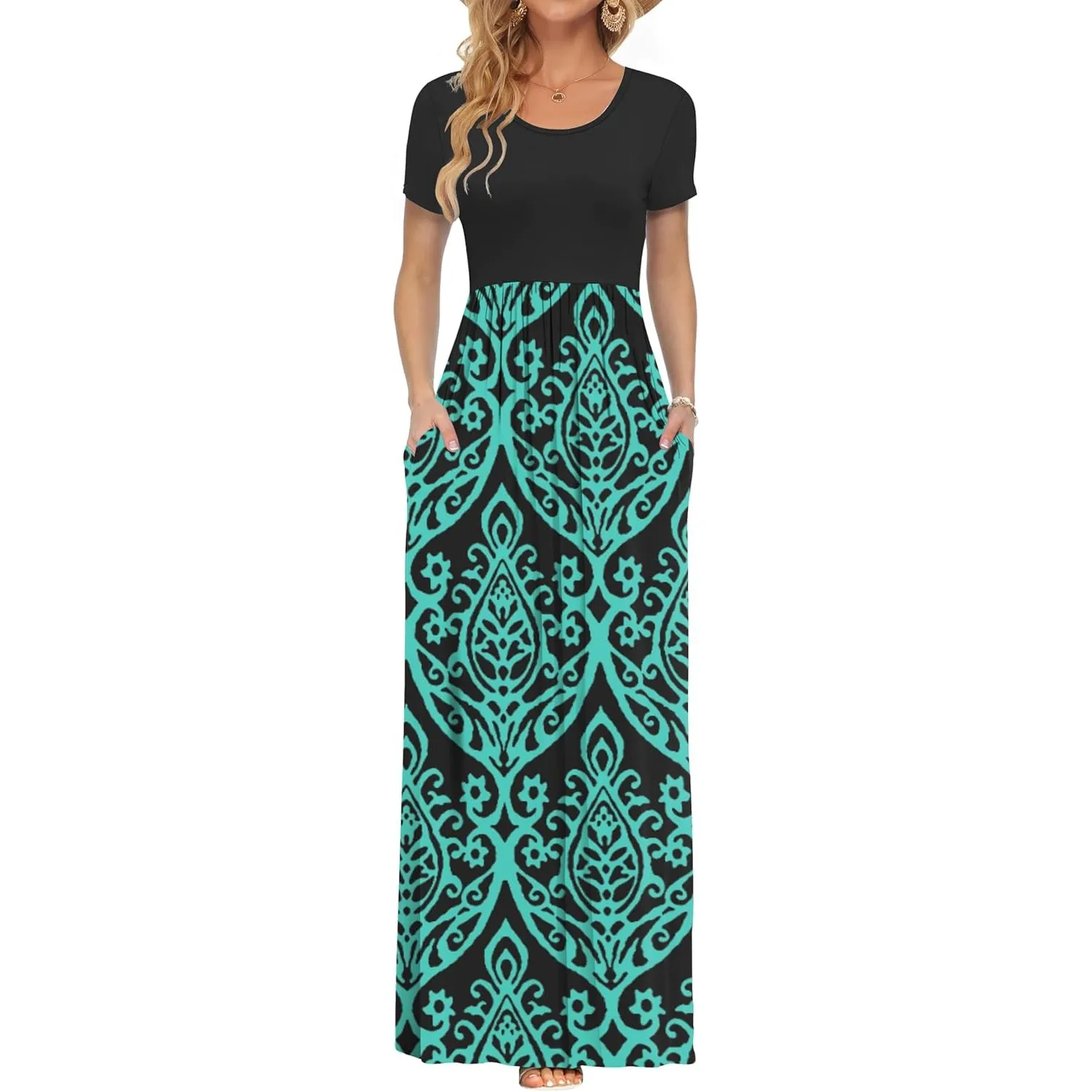 AUSELILY Damen Kurzarm Sommer Casual Long Maxi Kleider mit Taschen