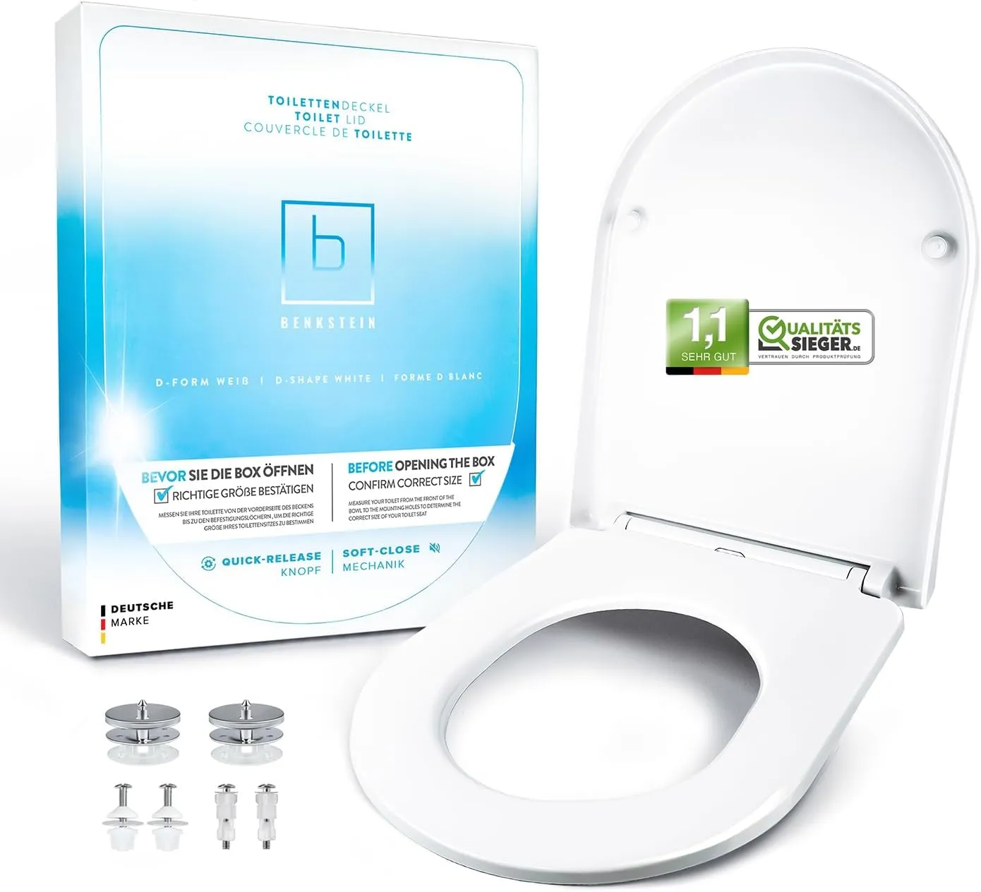 Benkstein® Premium Toilet Lid, Antibacterial, Toilet Lid with Quick-Release Function and Soft-Close Mechanism, Duroplas…