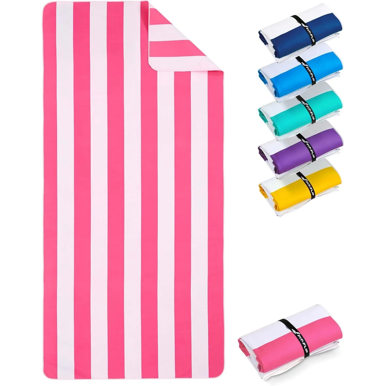 Fit-Flip Strandtuch XXL Mikrofaser leicht und schnelltrocknend | Pink-Weiß gestreift 200x90cm, Strandhandtuch, 100% rec…
