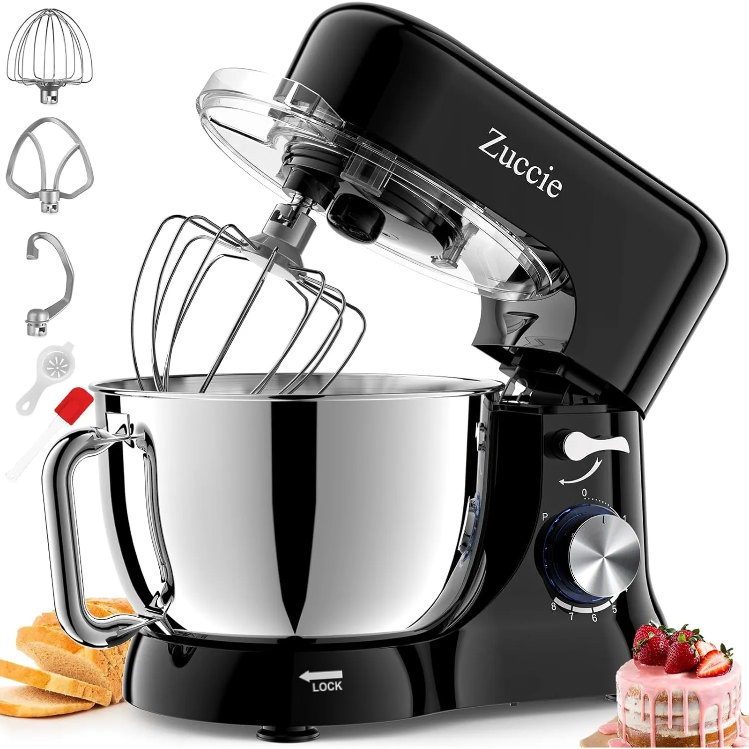 Küchenmaschine, Zuccie Knetmaschine Leise Rührmaschine inkl 5L Edelstahlschüssel 3-Rührwerkzeuge Spritzschutz Teigschab…