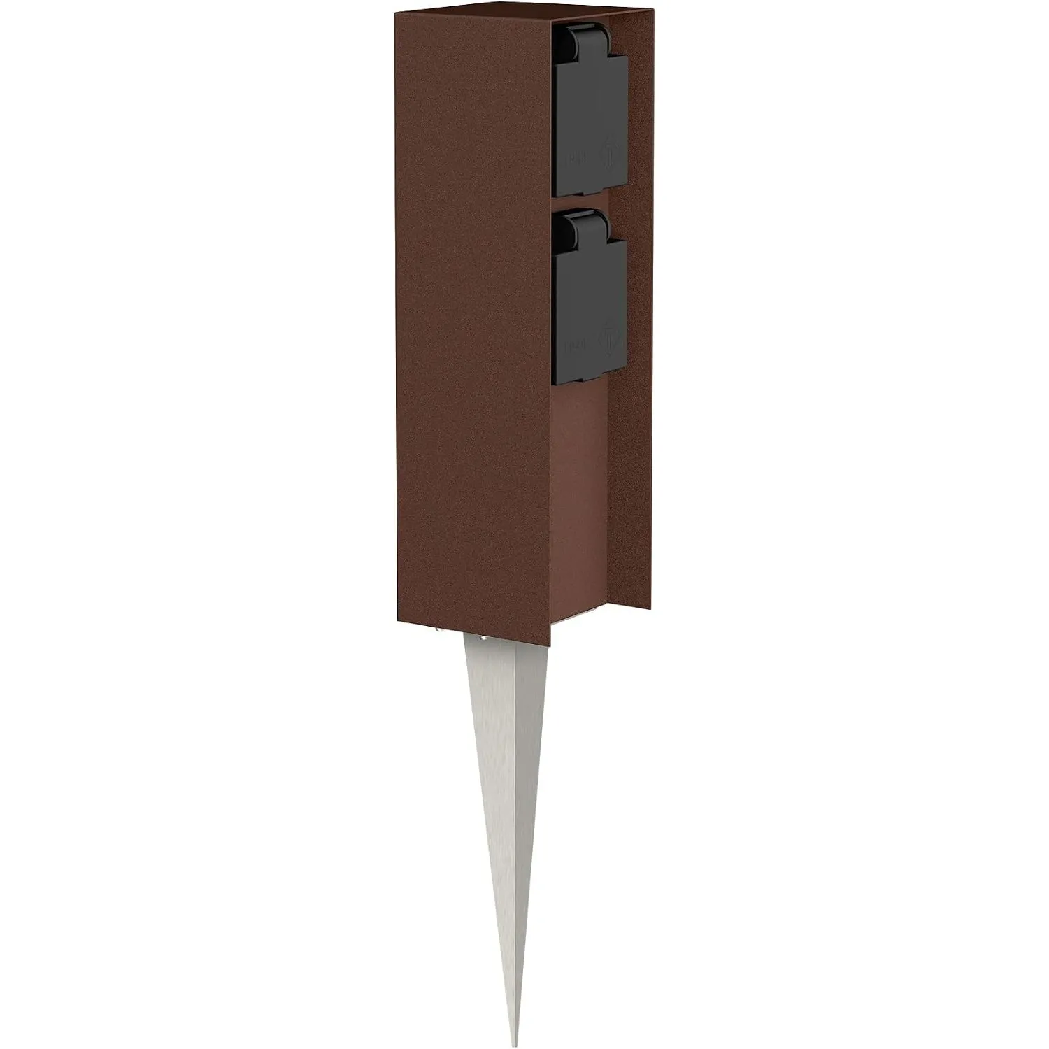 ledscom.de Garten-Steckdosen-Säule POMI mit Erdspieß für außen, IP44, 2-Fach, braun, eckig, 23cm