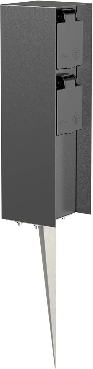 ledscom.de Garten-Steckdosen-Säule POMI mit Erdspieß für außen, IP44, 2-Fach, anthrazit, eckig, 23cm