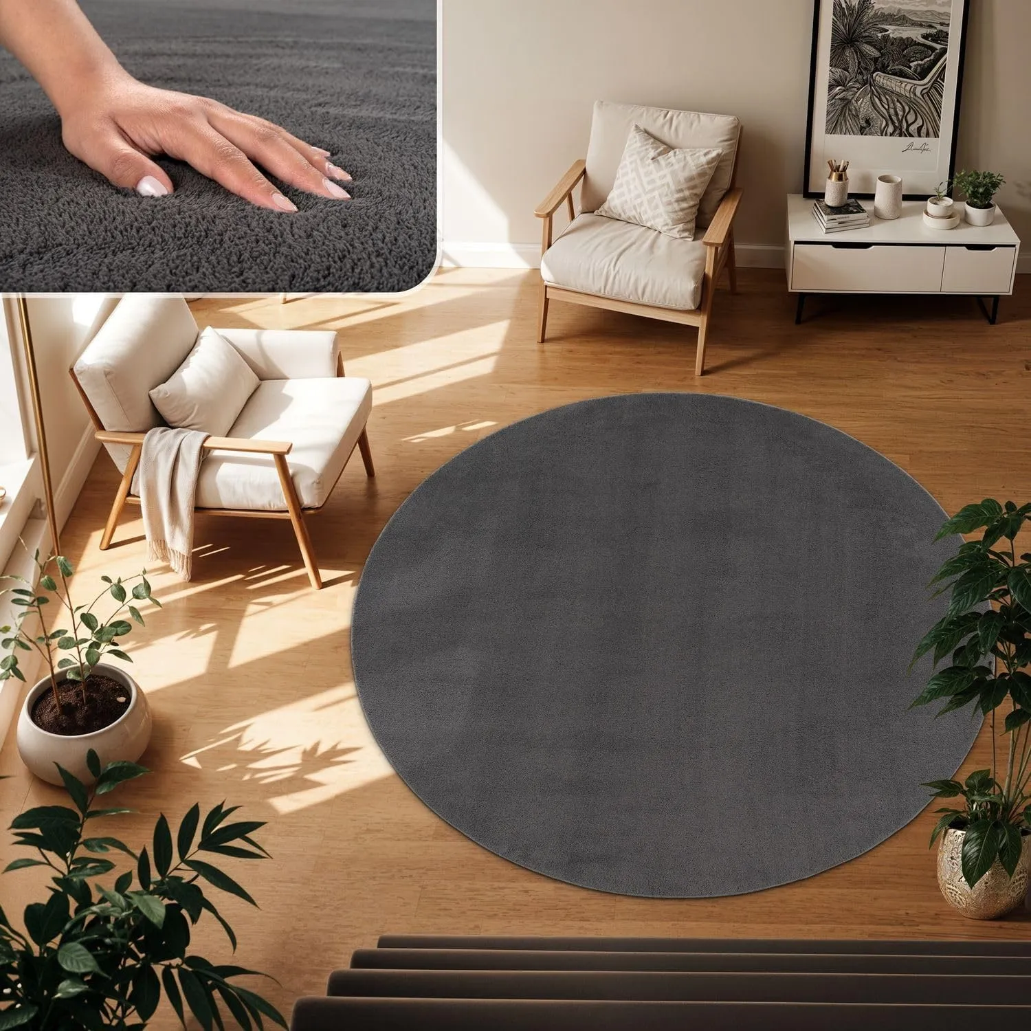 TT Home Teppich Wohnzimmer Anthrazit 200 cm Rund, Waschbar & Kurzflor