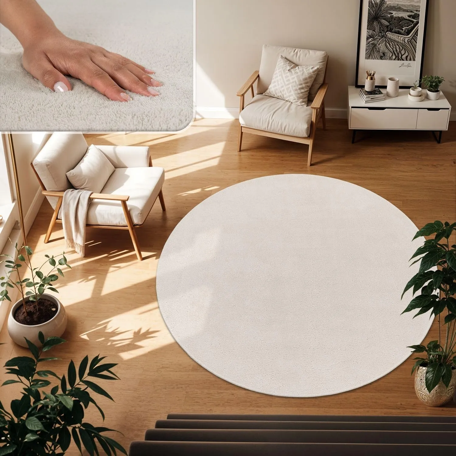 TT Home Teppich Wohnzimmer Creme 200 cm Rund, Waschbar & Kurzflor
