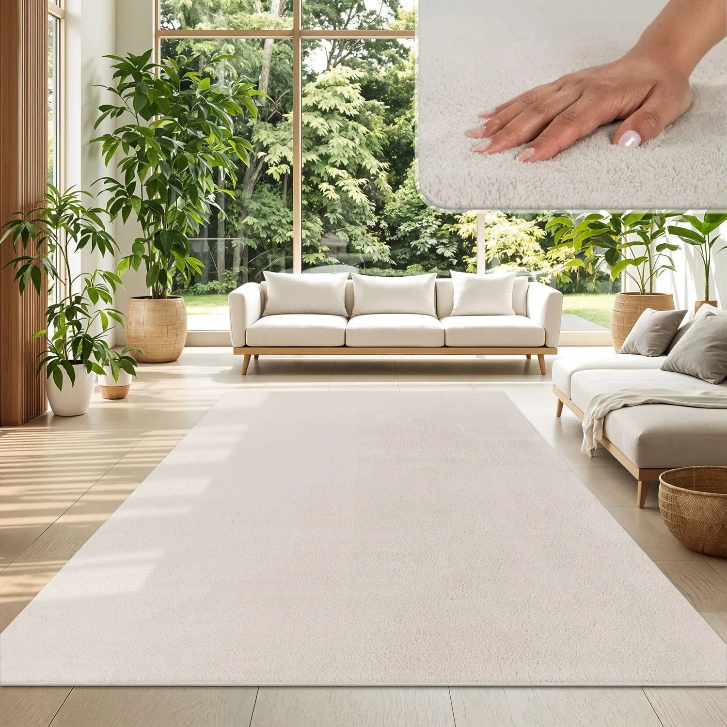 TT Home Teppich Wohnzimmer Creme 160x220 cm, Waschbar & Kurzflor