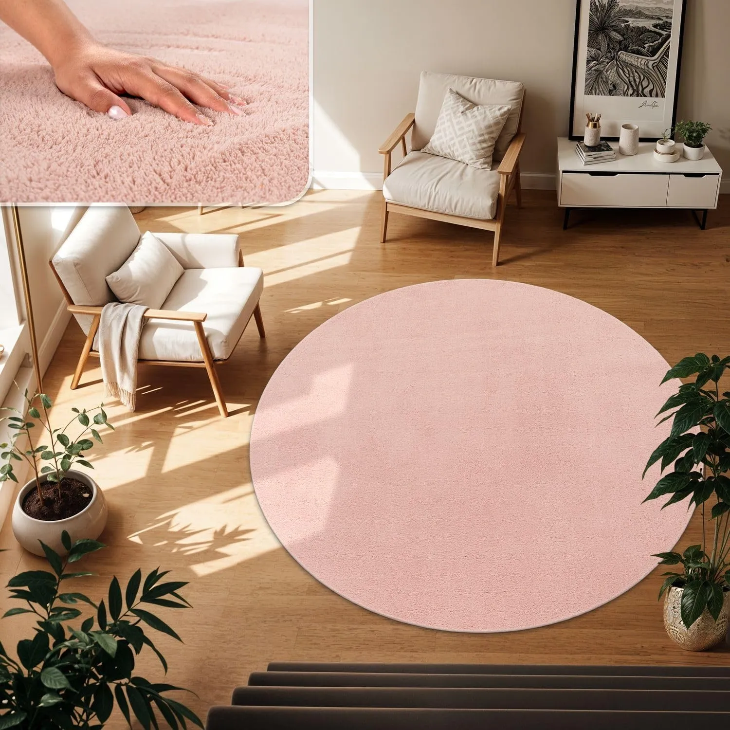 TT Home Teppich Wohnzimmer Rosa 200 cm Rund, Waschbar & Kurzflor