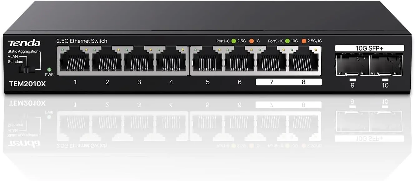 Tenda 2.5 Gbit Switch mit 8X 2.5G Ports & 2X 10G SFP+ Ports (VLAN, Statische Aggregation, Lüfterlos, Plug & Play, Deskt…